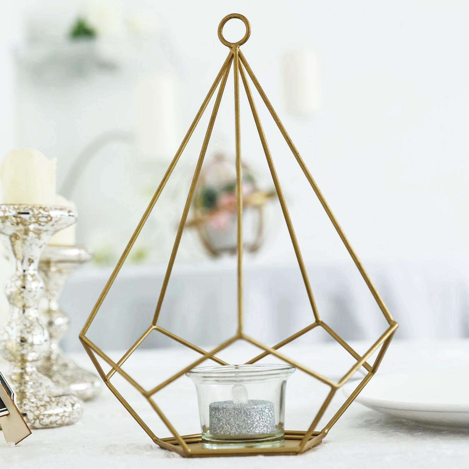 2-Pack Gold Metal Tealight Candle Holders 9" Pentagon Open Frame - Geometric Flower Stand
