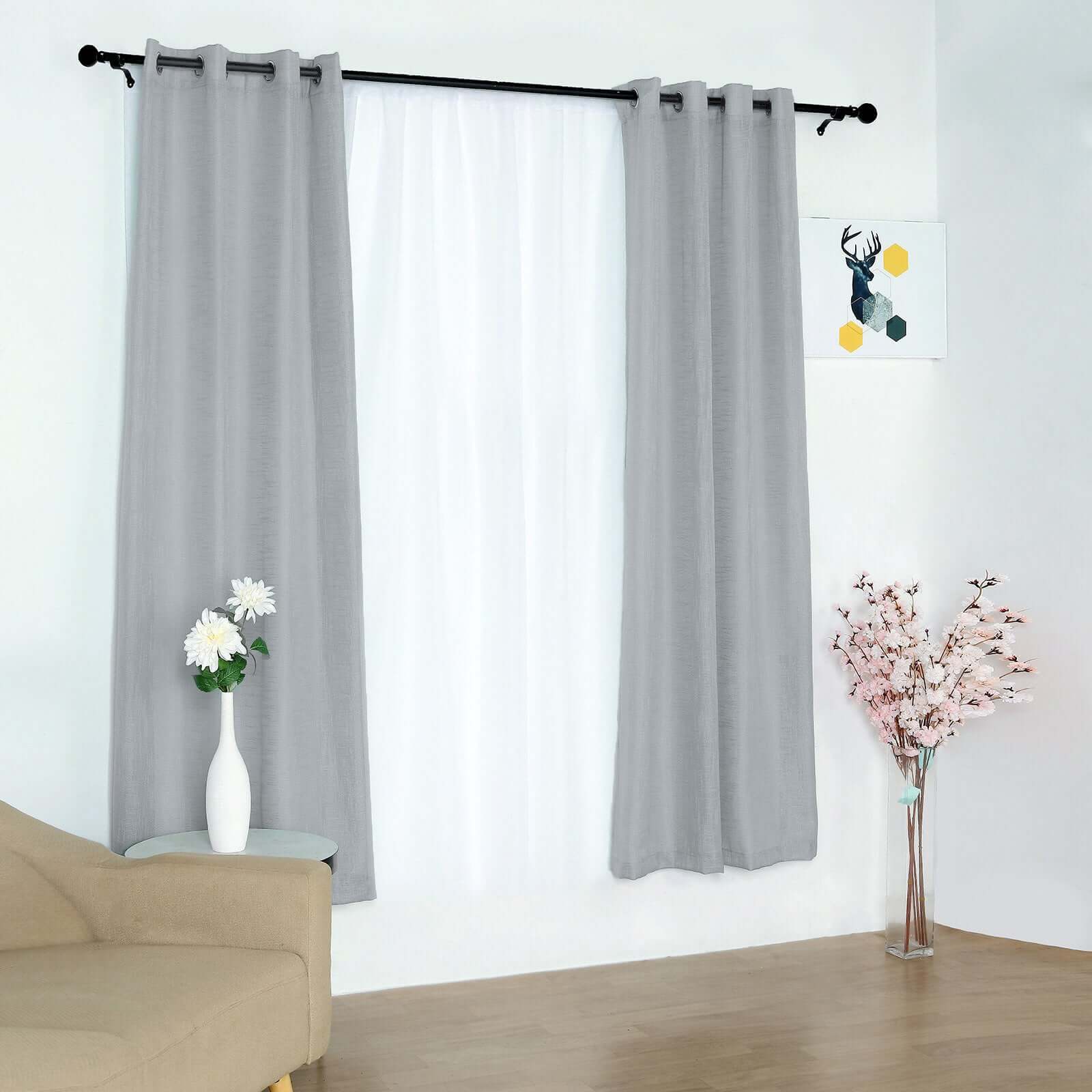 2 Pack Handmade Silver Faux Linen Curtains Curtain Panels With Chrome Grommets 52"x84" - Image 2