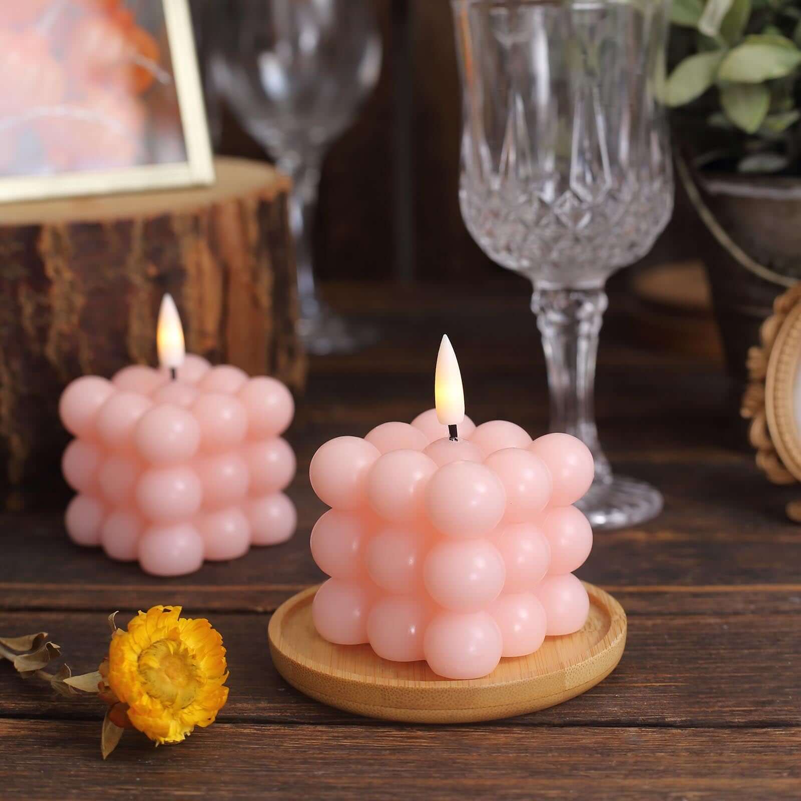 2-Pack LED Bubble Candles Blush 2" - Flameless Warm White Flickering Battery Operated Cube Lighting - Image 2