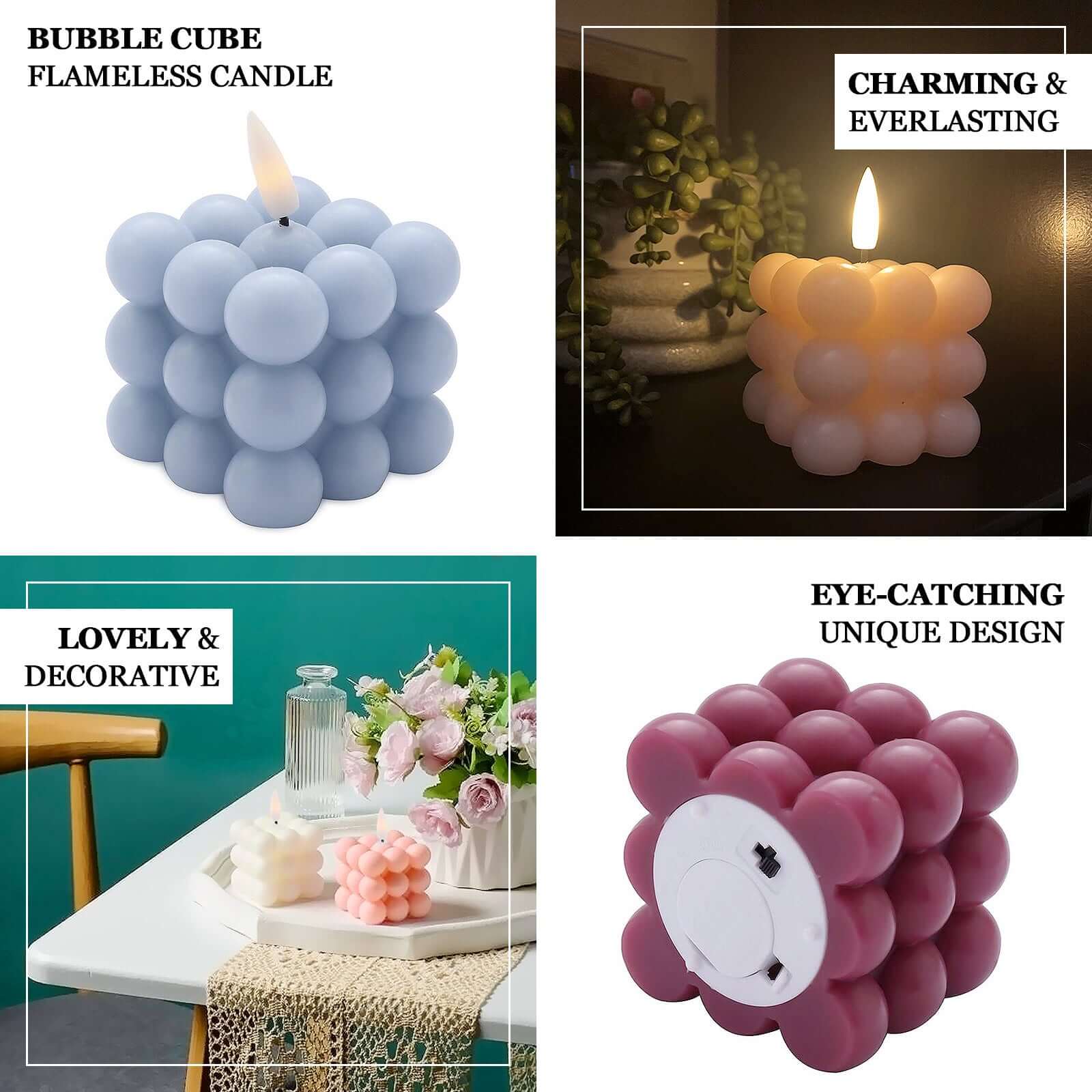 2-Pack LED Bubble Candles Blush 2" - Flameless Warm White Flickering Battery Operated Cube Lighting - Image 4