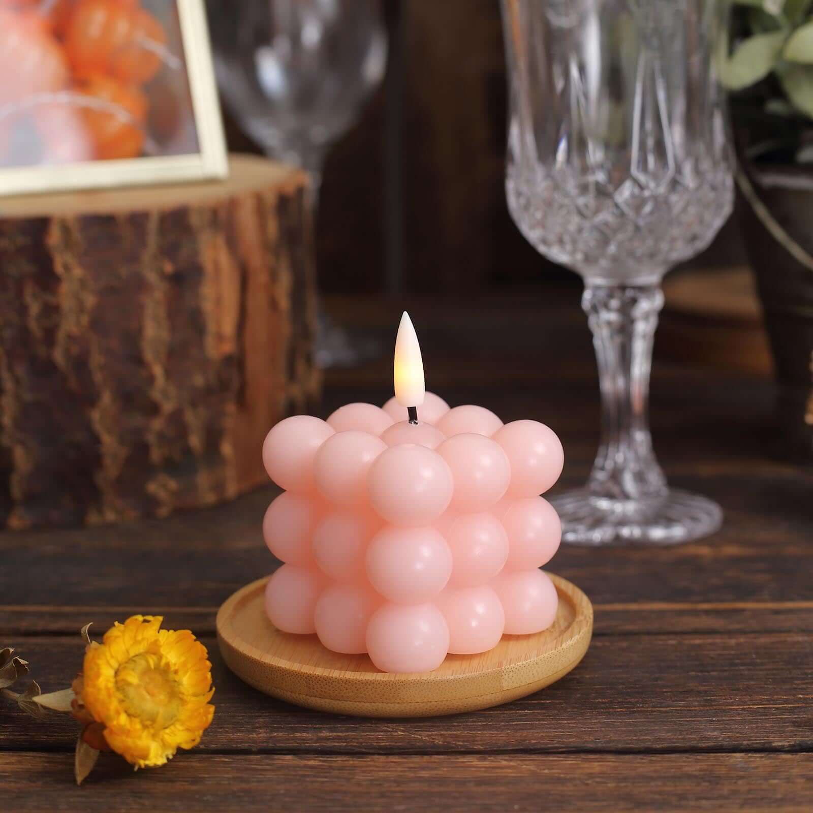 2-Pack LED Bubble Candles Blush 2" - Flameless Warm White Flickering Battery Operated Cube Lighting - Image 6