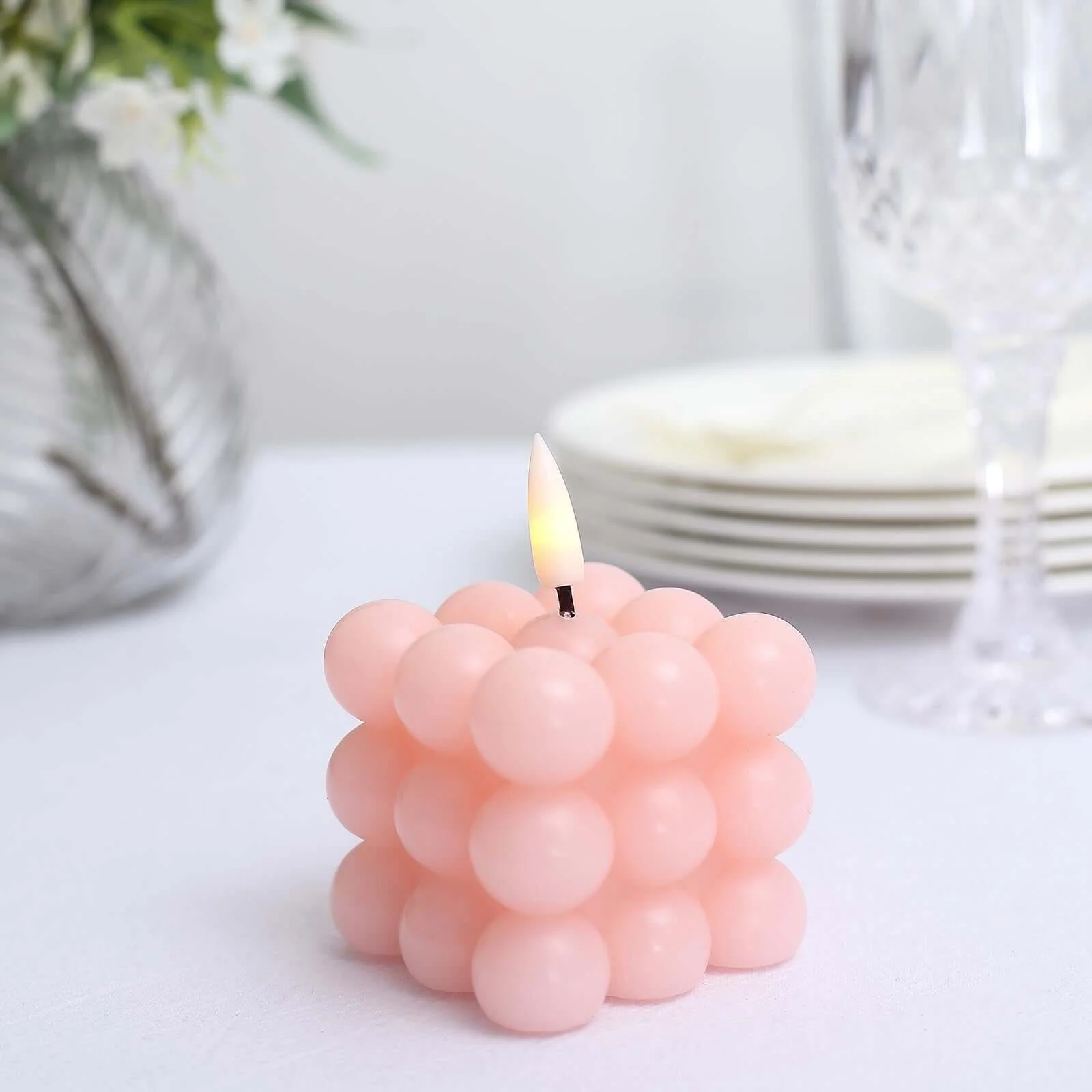 2-Pack LED Bubble Candles Blush 2" - Flameless Warm White Flickering Battery Operated Cube Lighting - Image 8