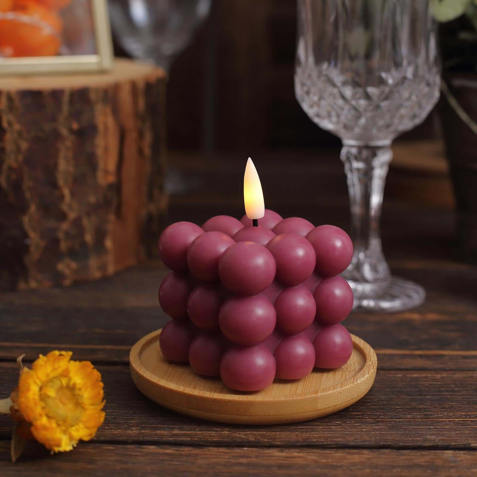 2-Pack LED Bubble Candles Burgundy 2" - Flameless Warm White Flickering Battery Operated Cube Lighting - Image 6