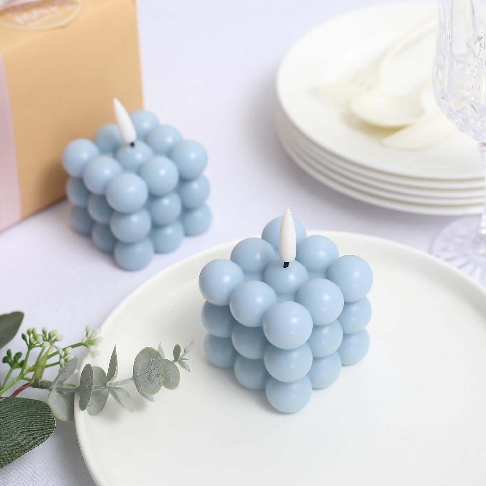 2-Pack LED Bubble Candles Dusty Blue 2" - Flameless Warm White Flickering Battery Operated Cube Lighting - Image 5