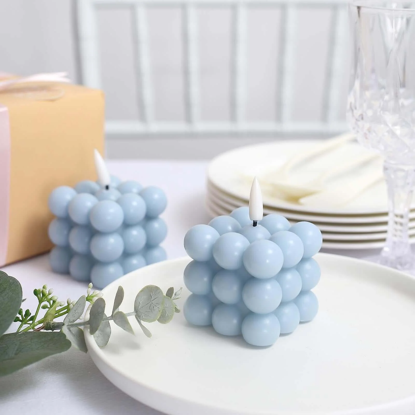 2-Pack LED Bubble Candles Dusty Blue 2" - Flameless Warm White Flickering Battery Operated Cube Lighting - Image 9