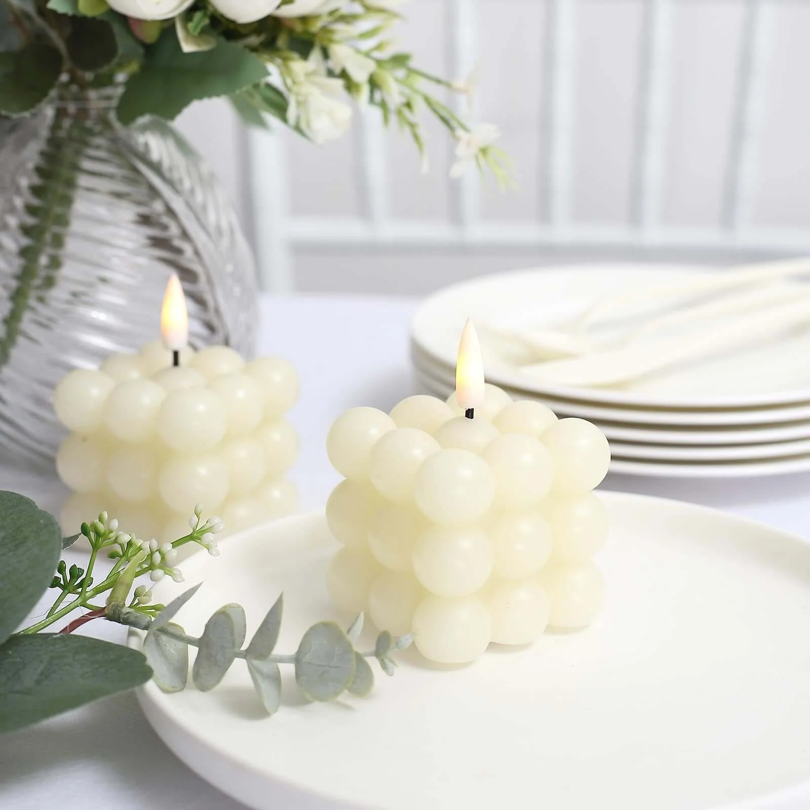 2-Pack LED Bubble Candles Ivory 2" - Flameless Warm White Flickering Battery Operated Cube Lighting - Image 9