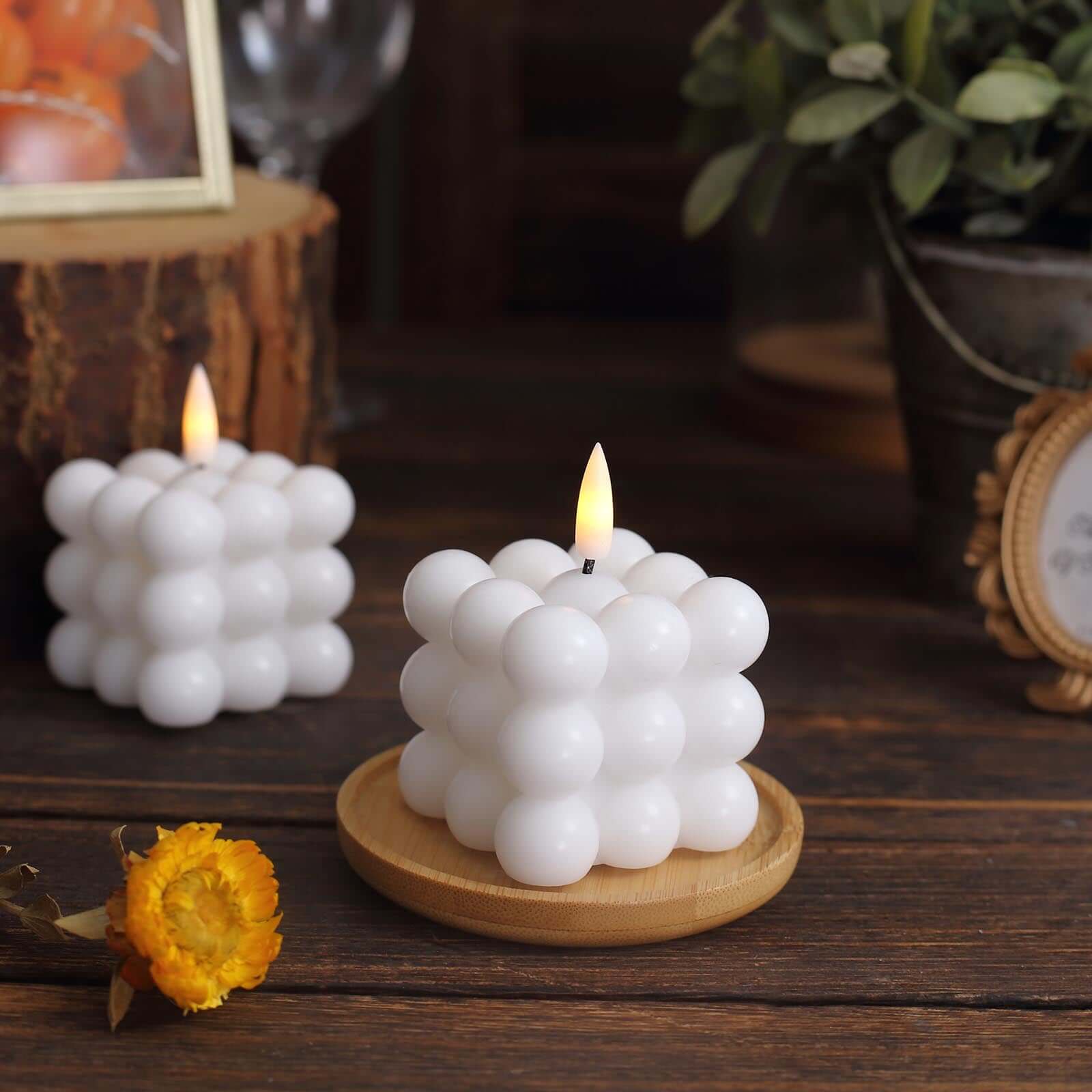 2-Pack LED Bubble Candles White 2" - Flameless Warm White Flickering Battery Operated Cube Lighting - Image 2