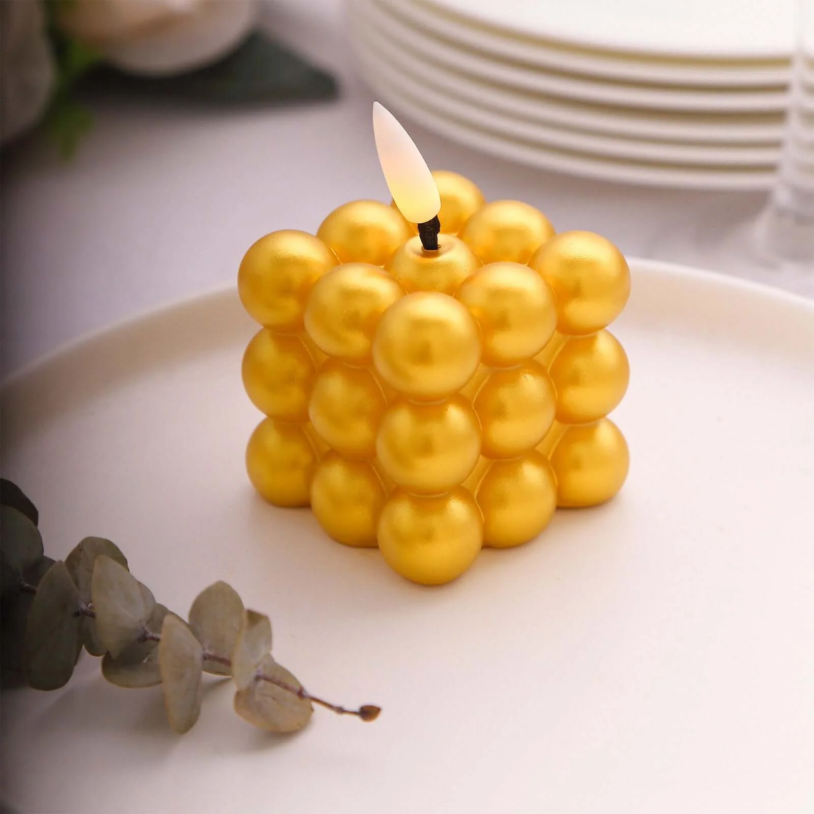 2-Pack LED Mini Bubble Candles Metallic Gold 2" - Flameless Battery Operated Cube Lighting - Image 6