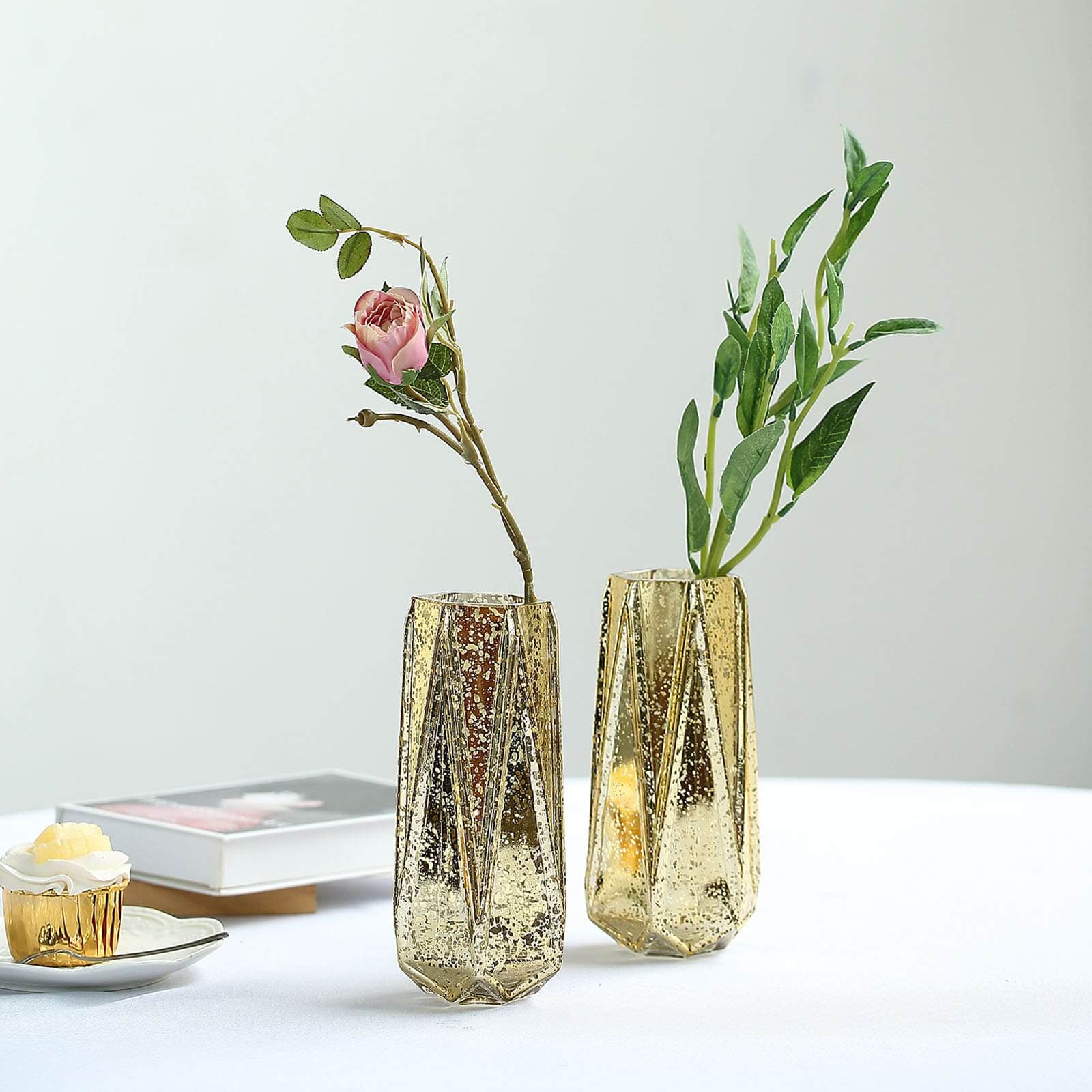 2-Pack Mercury Glass Vases Geometric Design 8" Gold - Decorative Flower Centerpieces for Weddings