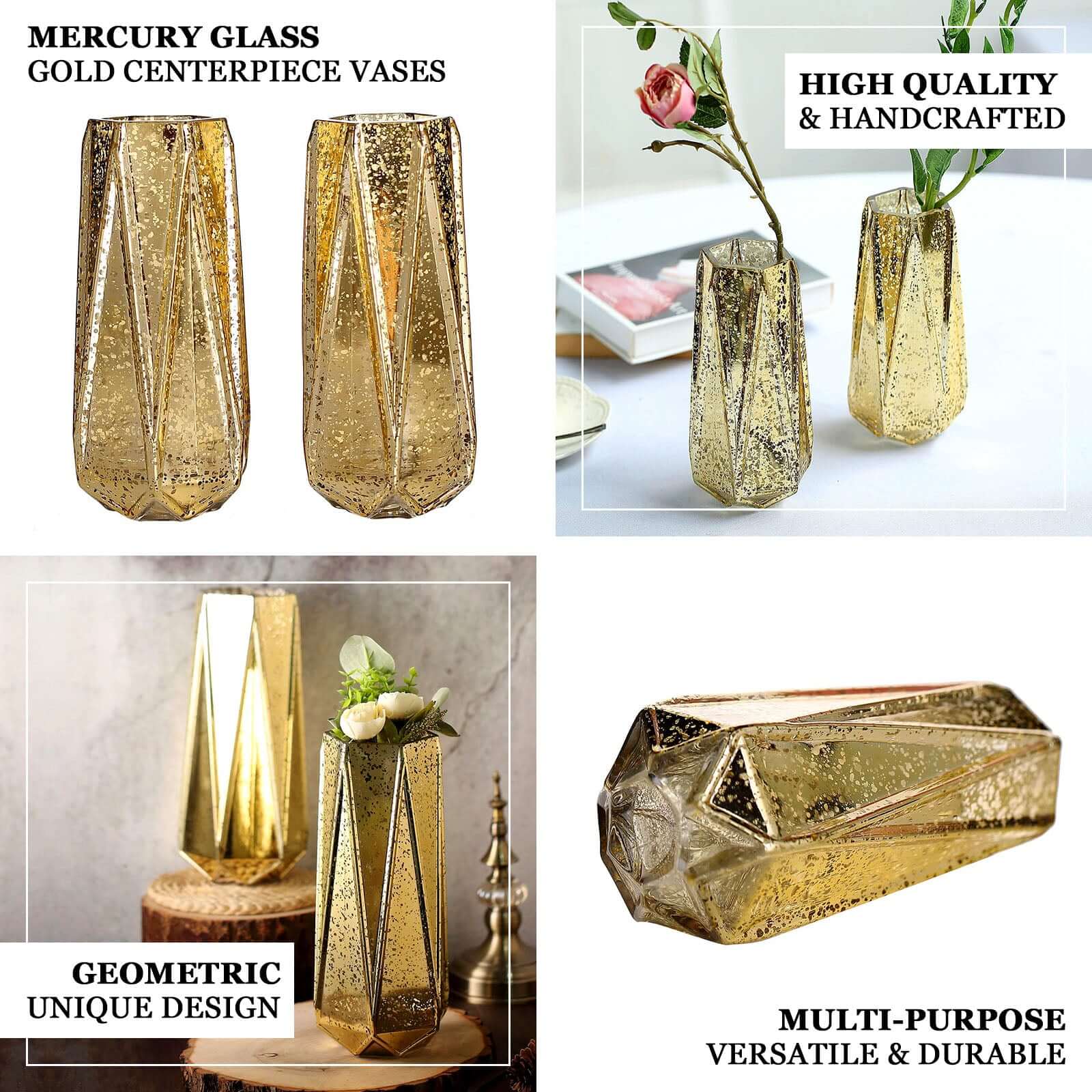 2-Pack Mercury Glass Vases Geometric Design 8" Gold - Decorative Flower Centerpieces for Weddings - Image 4