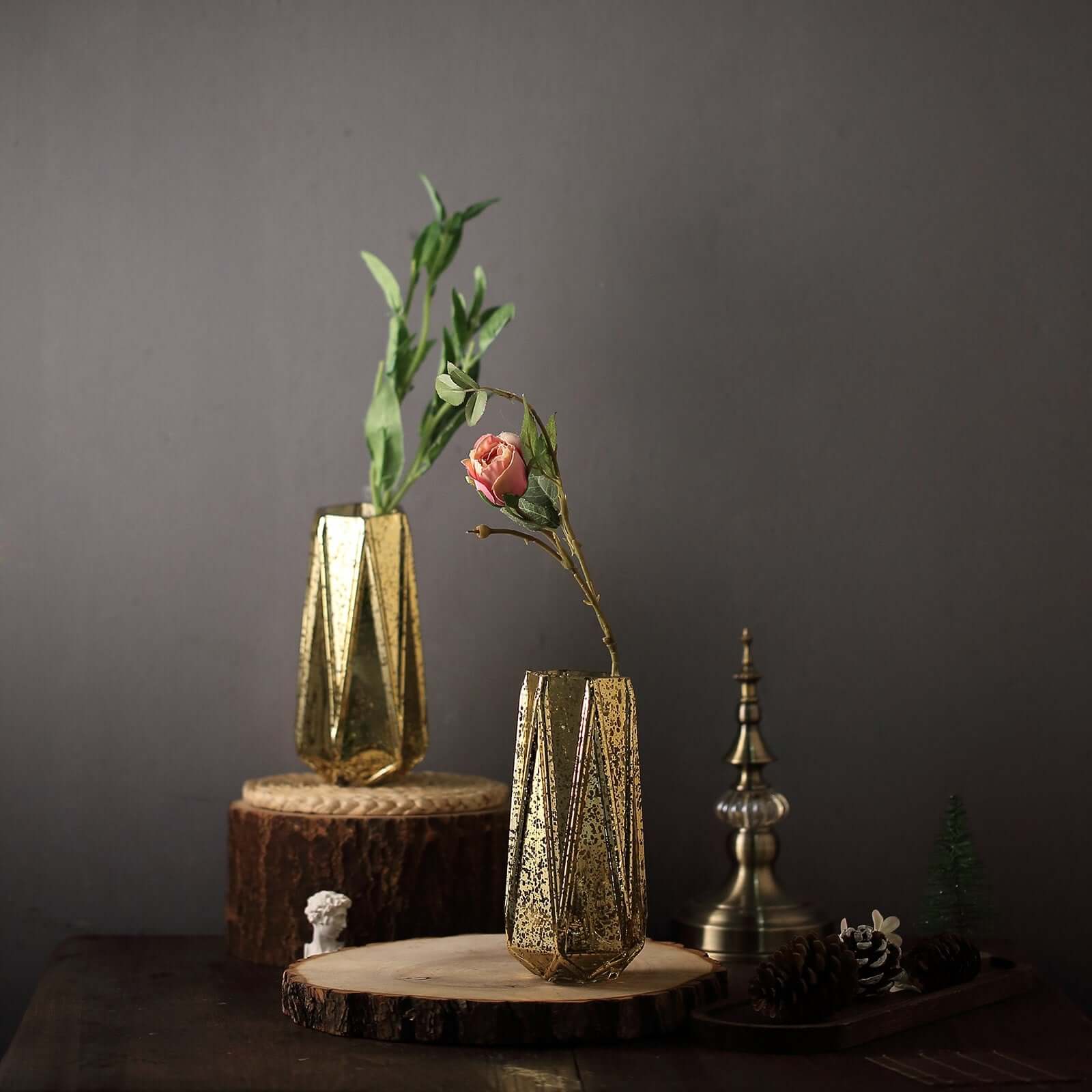 2-Pack Mercury Glass Vases Geometric Design 8" Gold - Decorative Flower Centerpieces for Weddings - Image 6