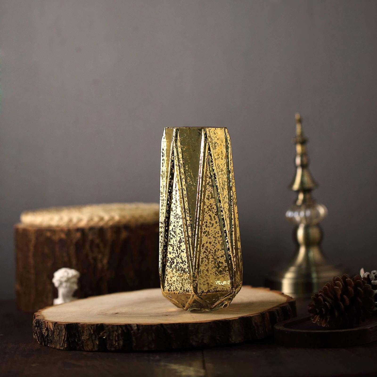 2-Pack Mercury Glass Vases Geometric Design 8" Gold - Decorative Flower Centerpieces for Weddings - Image 8