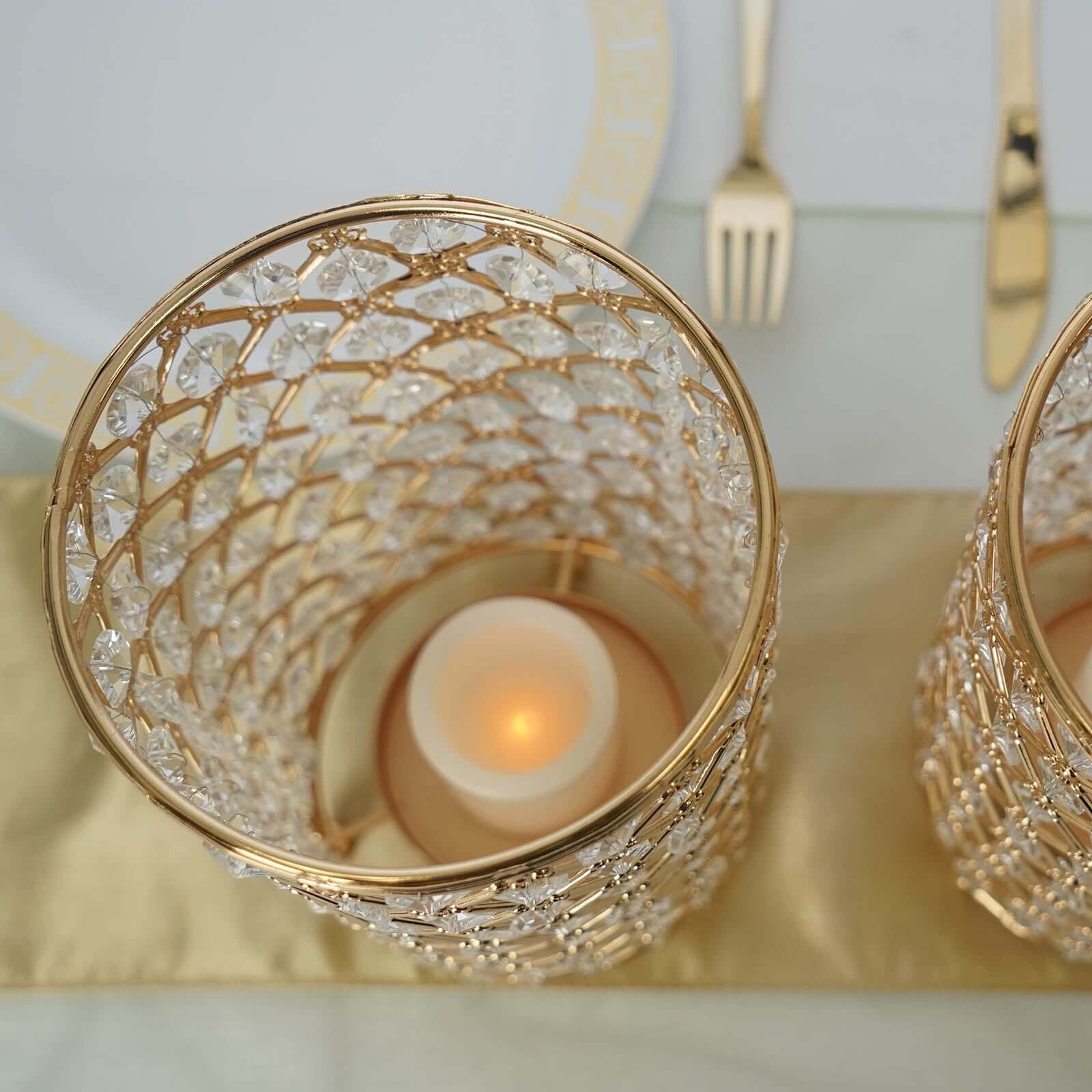 2-Pack Metal Crystal Beaded Pillar Candle Holders 9" Gold - Multipurpose Crystal Stem Vase Set - Image 6