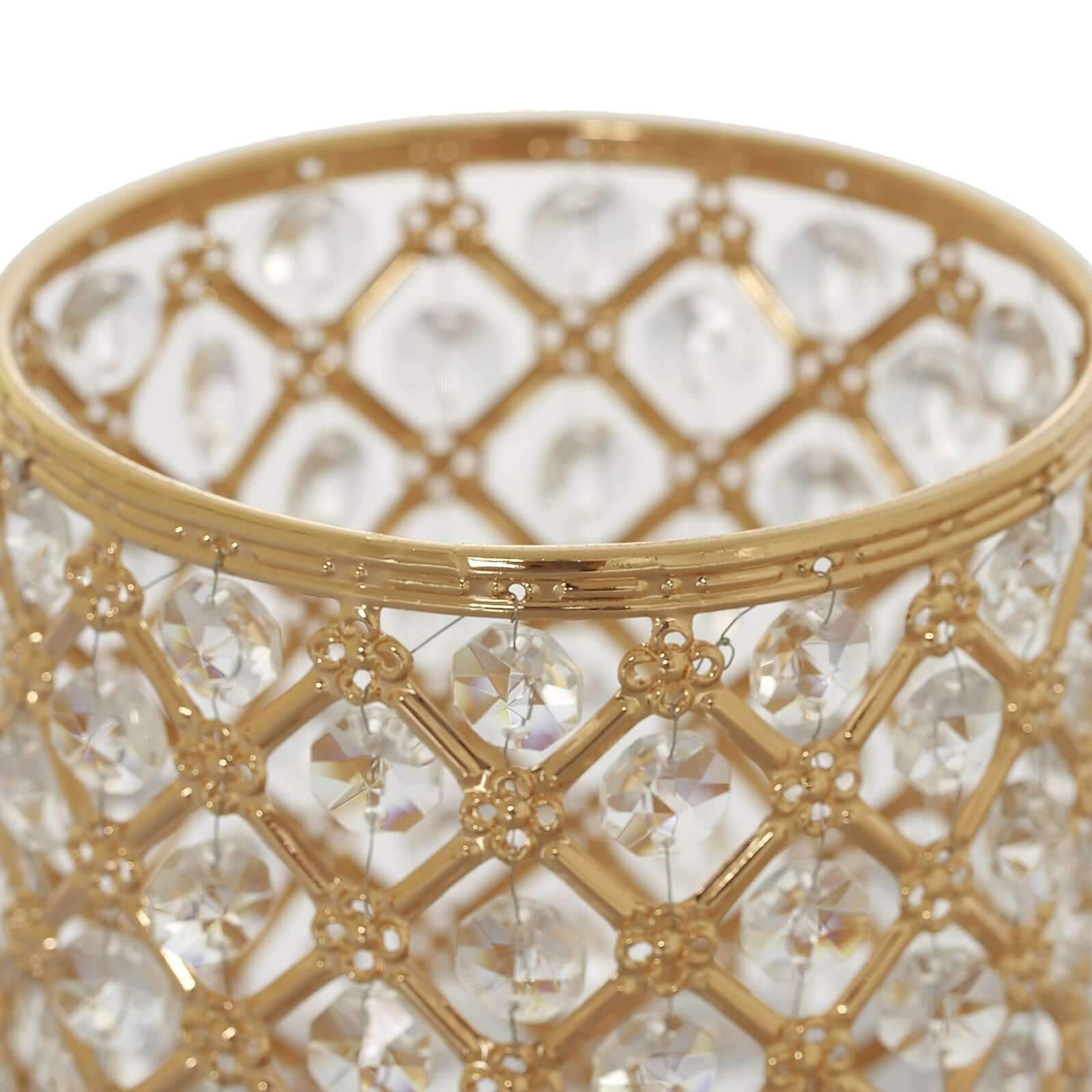 2-Pack Metal Crystal Beaded Pillar Candle Holders 9" Gold - Multipurpose Crystal Stem Vase Set - Image 8