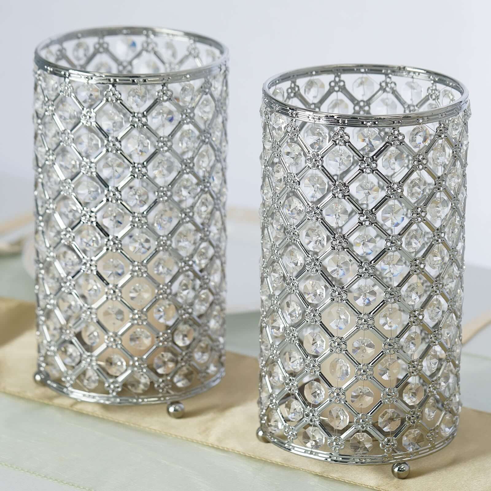 2-Pack Metal Crystal Beaded Pillar Candle Holders 9" Metallic Silver - Multipurpose Crystal Stem Vase Set - Image 2