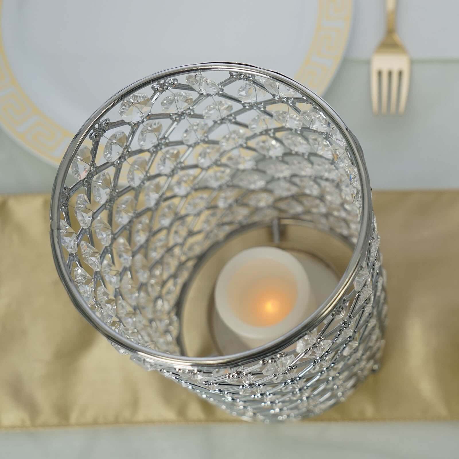 2-Pack Metal Crystal Beaded Pillar Candle Holders 9" Metallic Silver - Multipurpose Crystal Stem Vase Set - Image 6