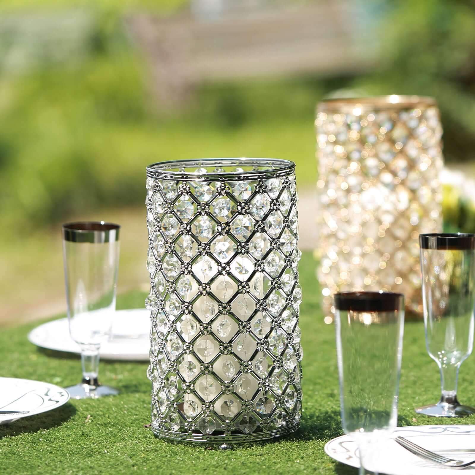 2-Pack Metal Crystal Beaded Pillar Candle Holders 9" Metallic Silver - Multipurpose Crystal Stem Vase Set - Image 7