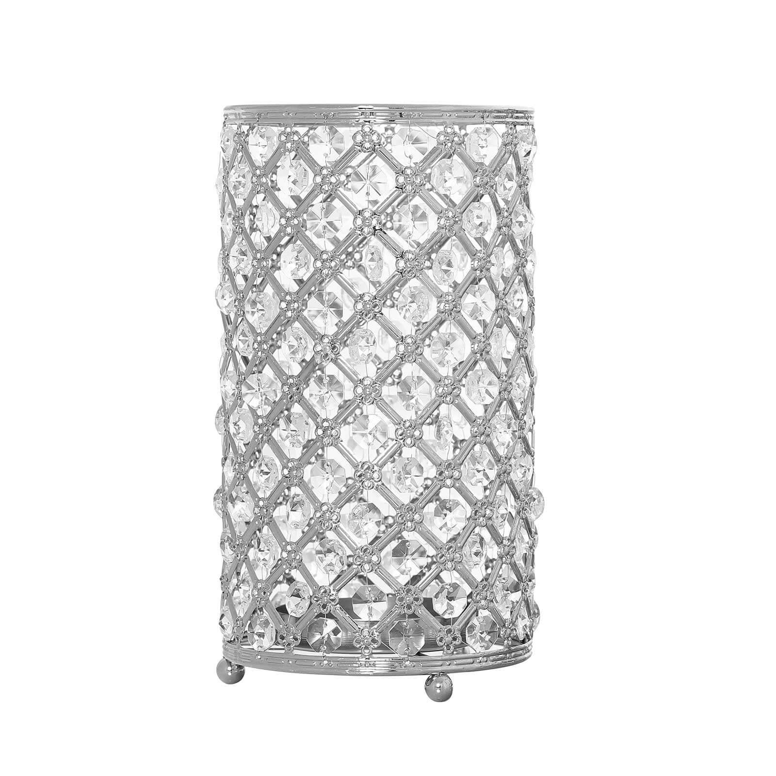 2-Pack Metal Crystal Beaded Pillar Candle Holders 9" Metallic Silver - Multipurpose Crystal Stem Vase Set - Image 8