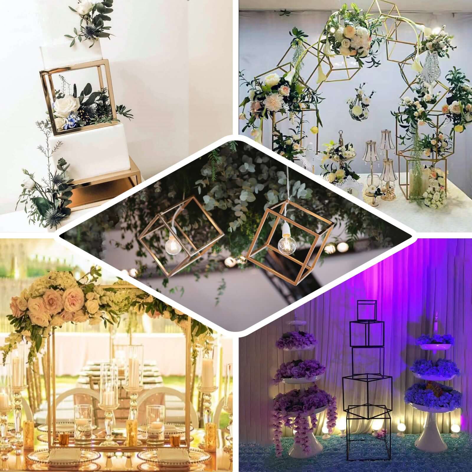 2-Pack Metal Flower Stands 8" Gold Square Frame Geometric Wedding Centerpieces - Compact Design - Image 5