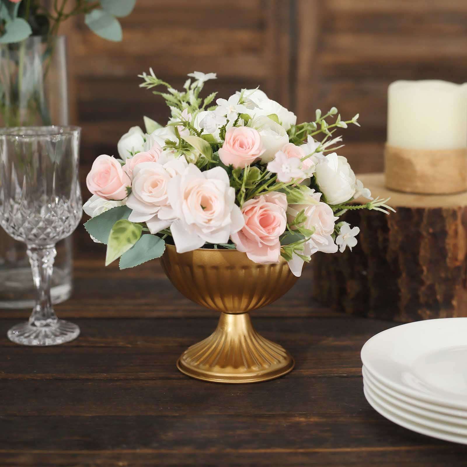 2-Pack Metal Flower Vases Pedestal 4" Ribbed Bowl Style Gold - Antique Mini Compote Vase for Refined Table Decor - Image 2