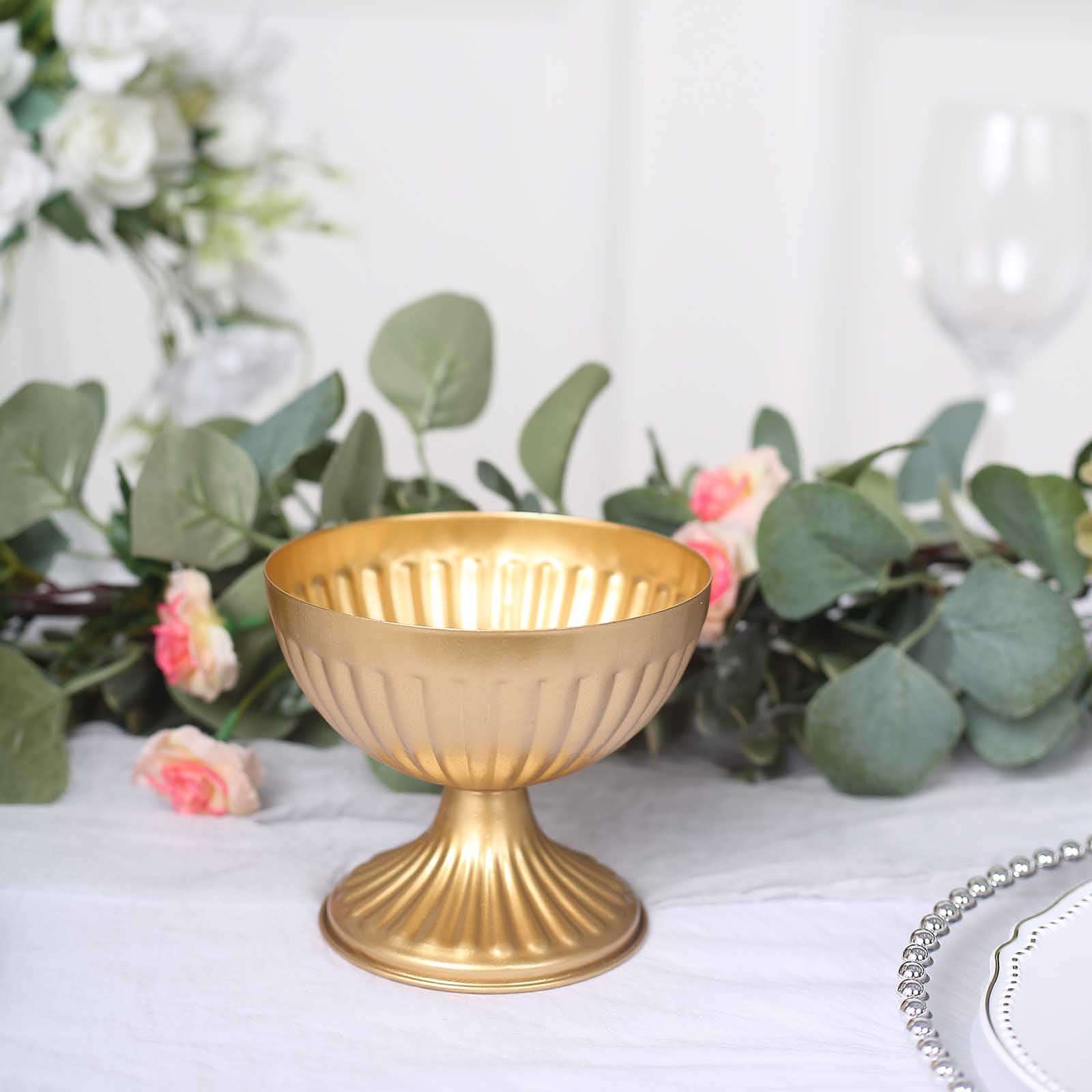 2-Pack Metal Flower Vases Pedestal 4" Ribbed Bowl Style Gold - Antique Mini Compote Vase for Refined Table Decor - Image 6