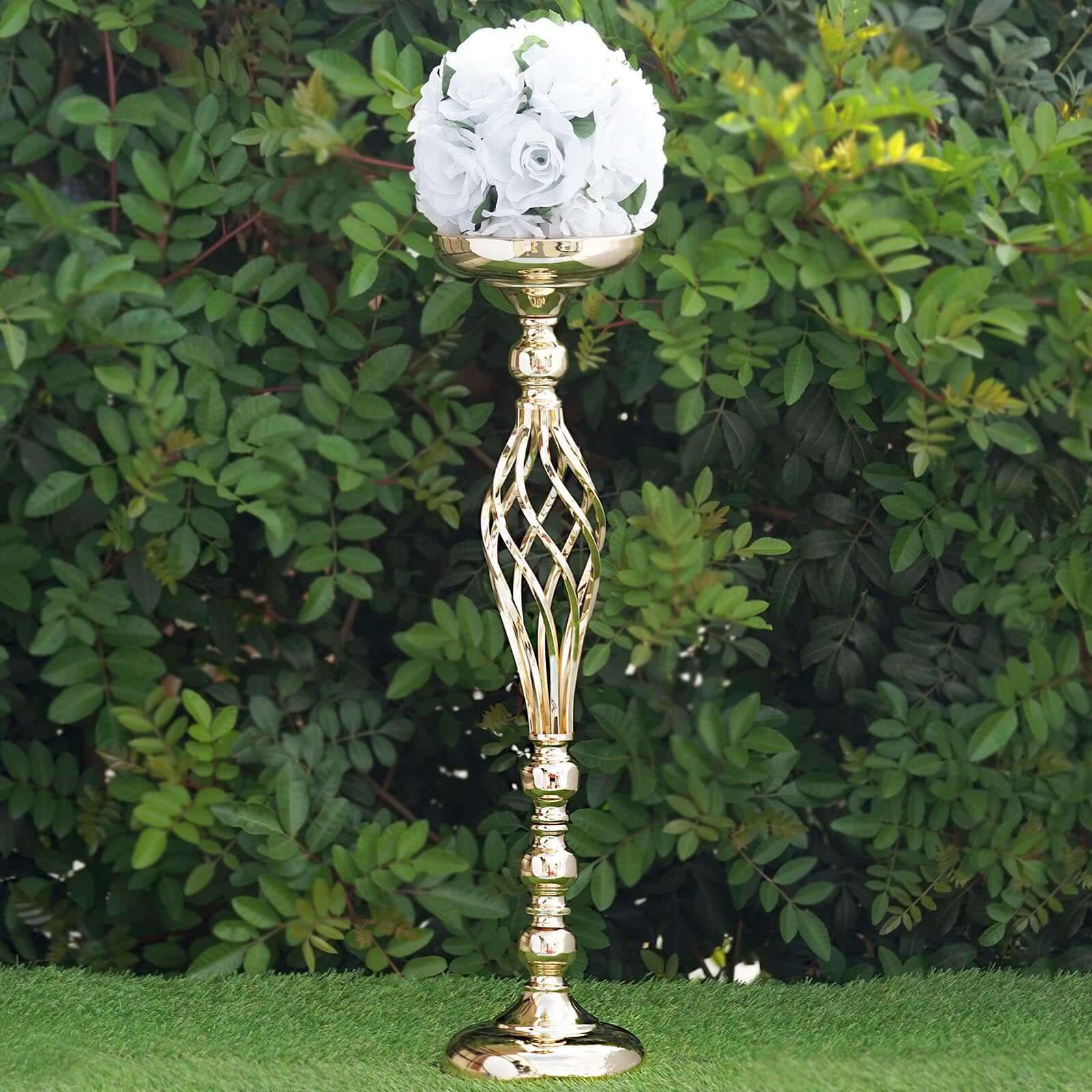 2-Pack Metal Pillar Candle Holders 26" Reversible Flower Ball Pedestal Design Gold - Decorative Event Centerpieces - Image 2