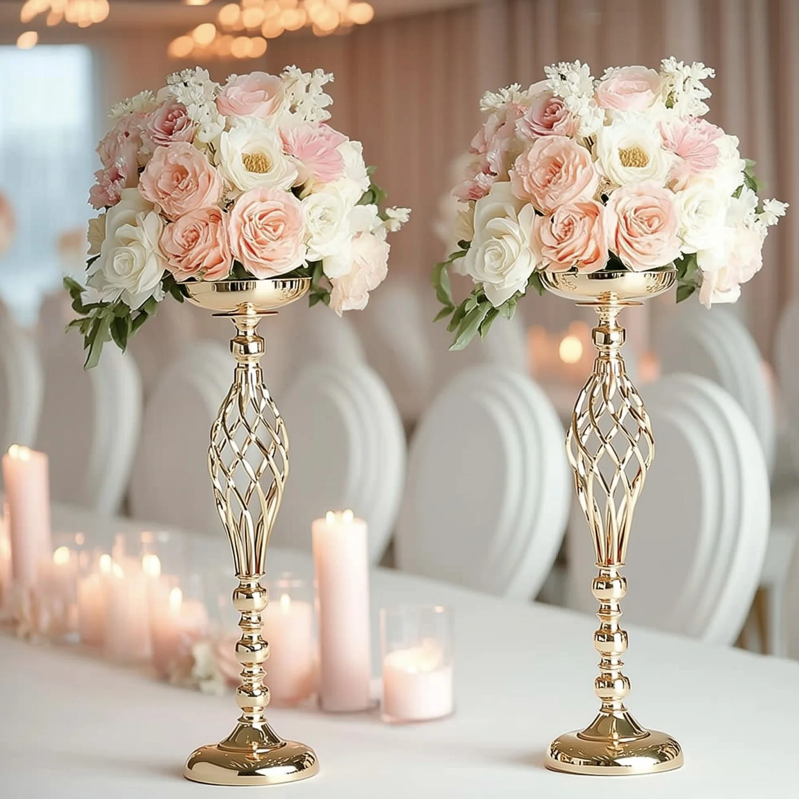 2-Pack Metal Pillar Candle Holders 26" Reversible Flower Ball Pedestal Design Gold - Decorative Event Centerpieces - Image 6