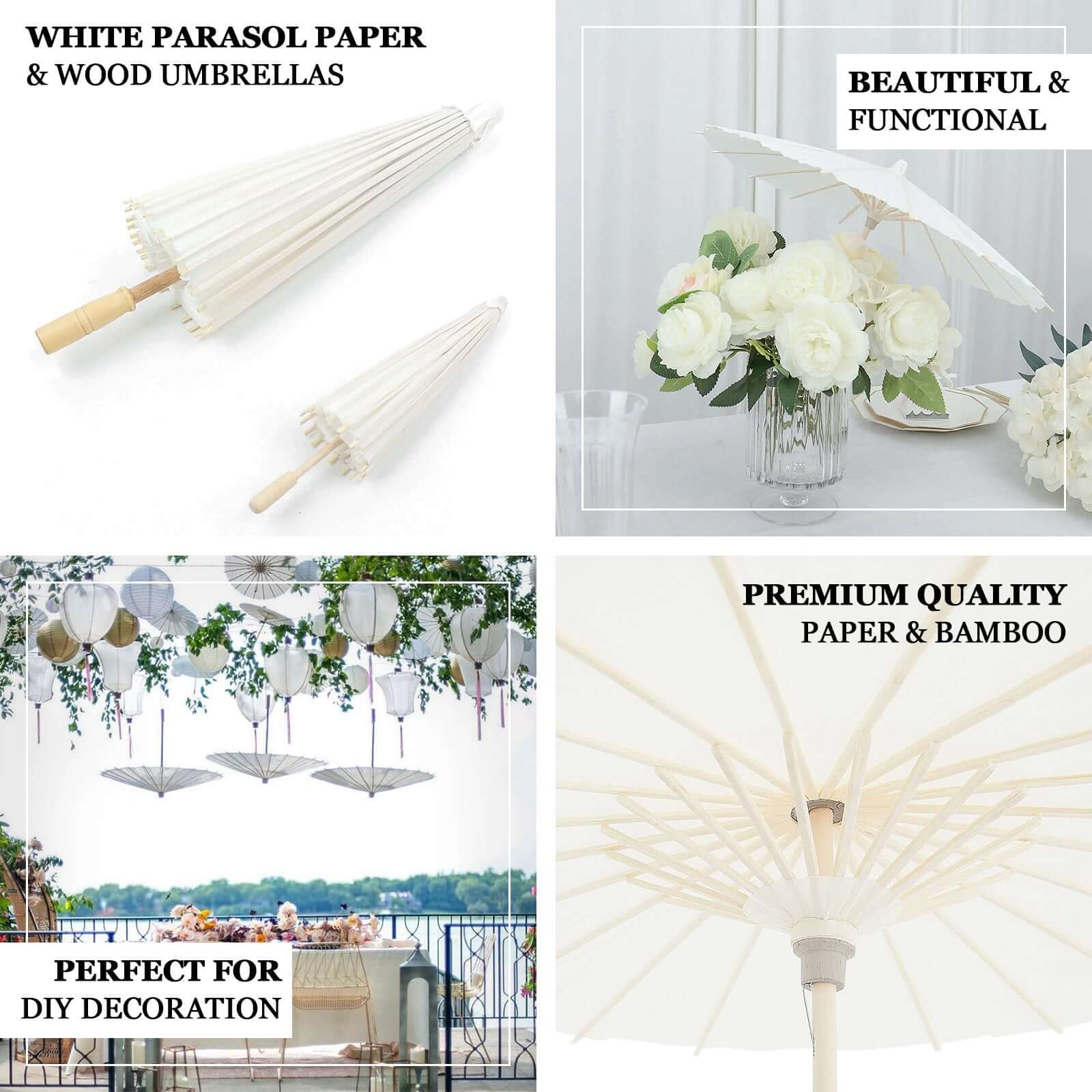 2-Pack Parasol Umbrellas Paper and Bamboo 32" White - Wedding Party Favors and Centerpieces - Image 4