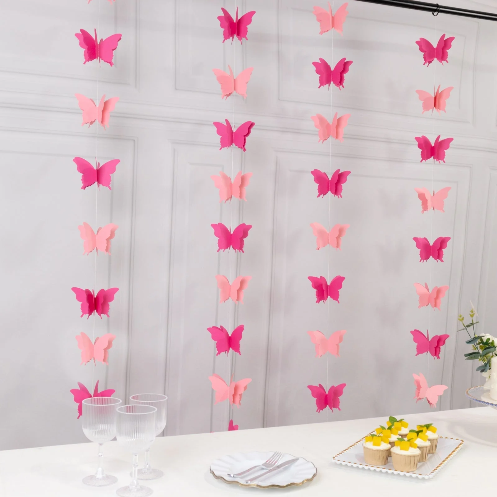 2 Pack Pink 3D Paper Butterfly String Banners, Hanging Garland Party Streamers 9ft - Image 8