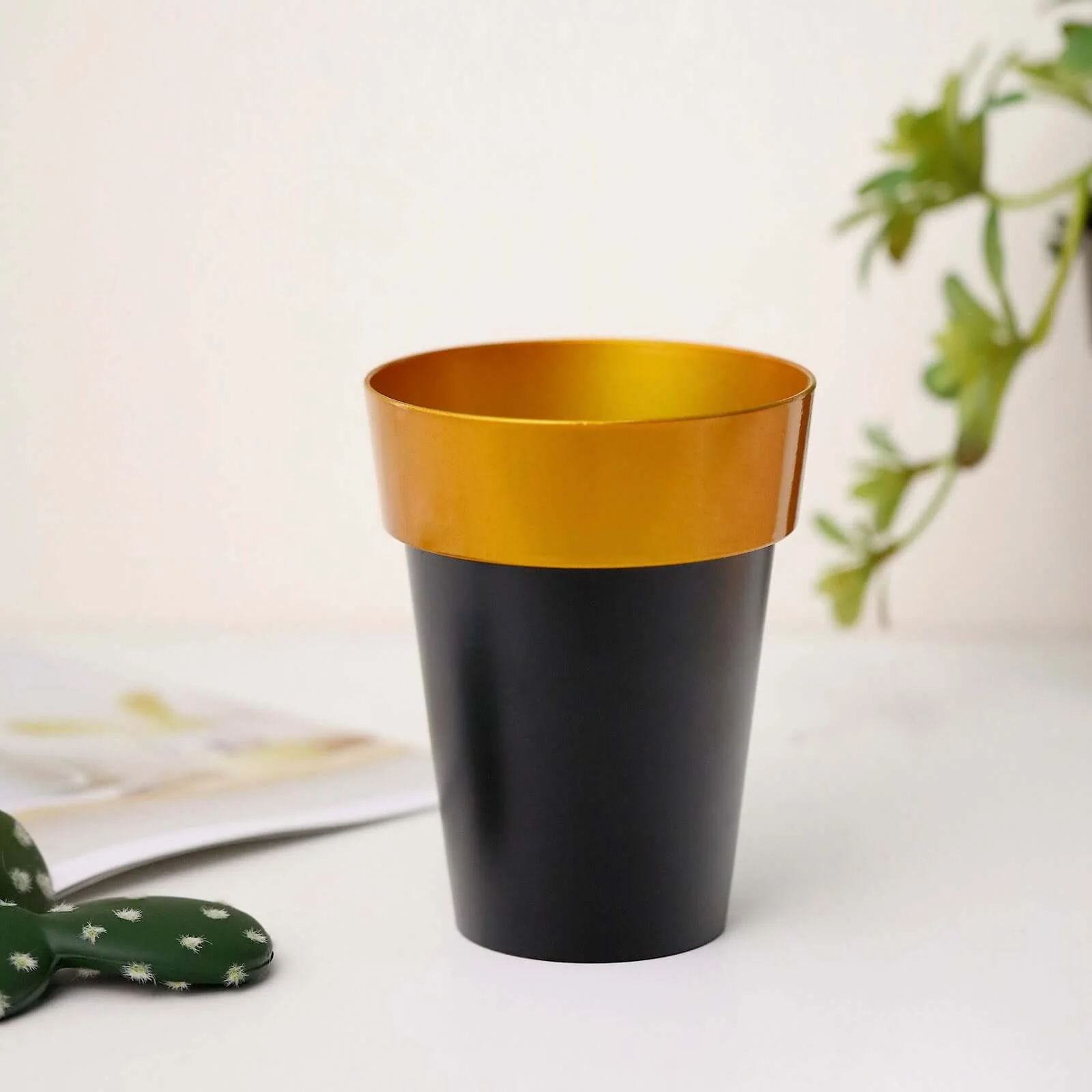 2-Pack Plastic Flower Plant Pots 6" Medium Black with Gold Rim - Indoor Decorative Planters - Image 11
