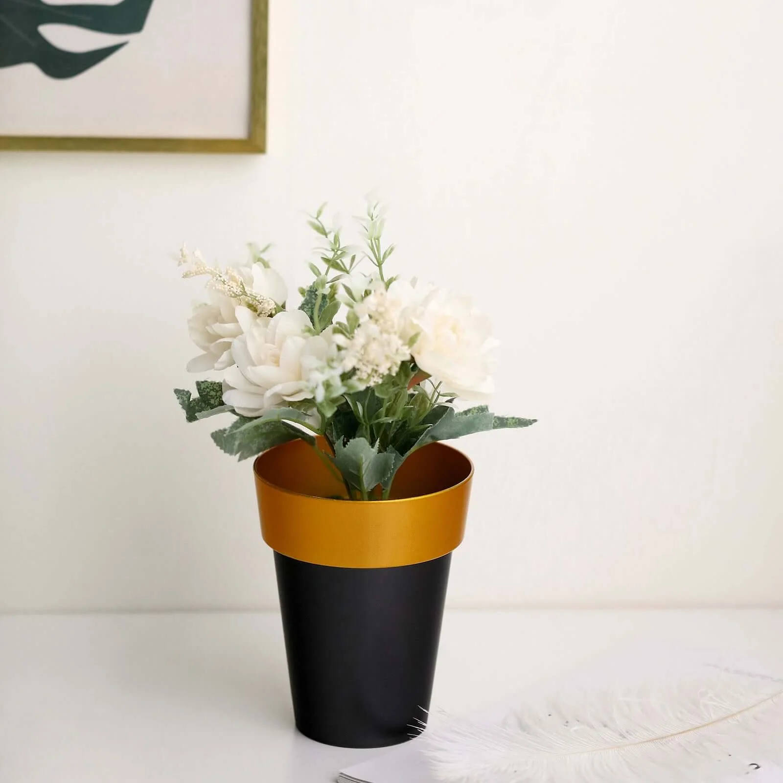 2-Pack Plastic Flower Plant Pots 6" Medium Black with Gold Rim - Indoor Decorative Planters - Image 12