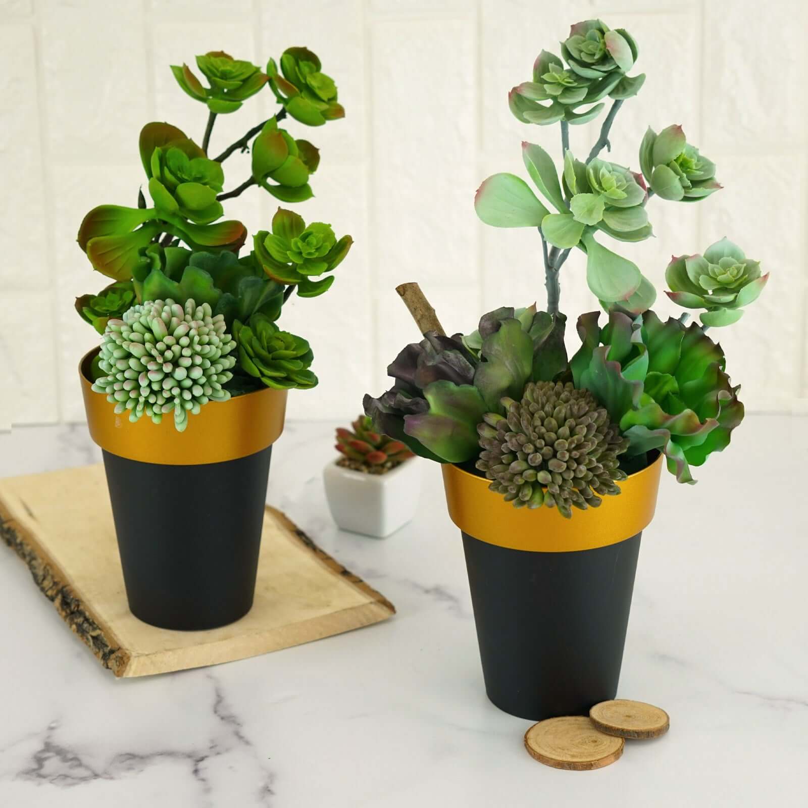 2-Pack Plastic Flower Plant Pots 6" Medium Black with Gold Rim - Indoor Decorative Planters - Image 7