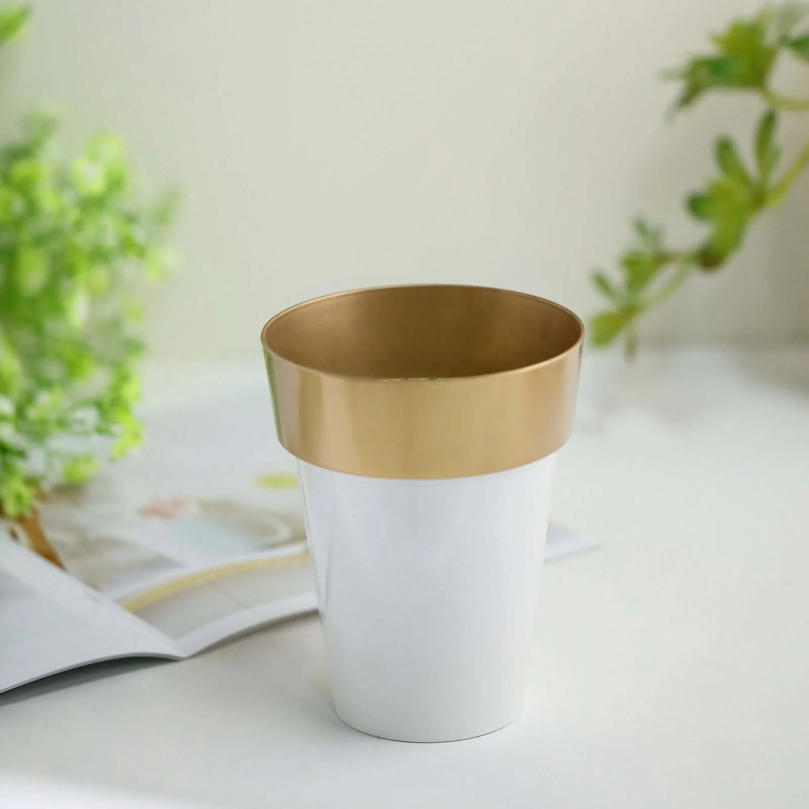 2-Pack Plastic Flower Plant Pots 6" Medium White with Gold Rim - Indoor Decorative Planters - Image 2