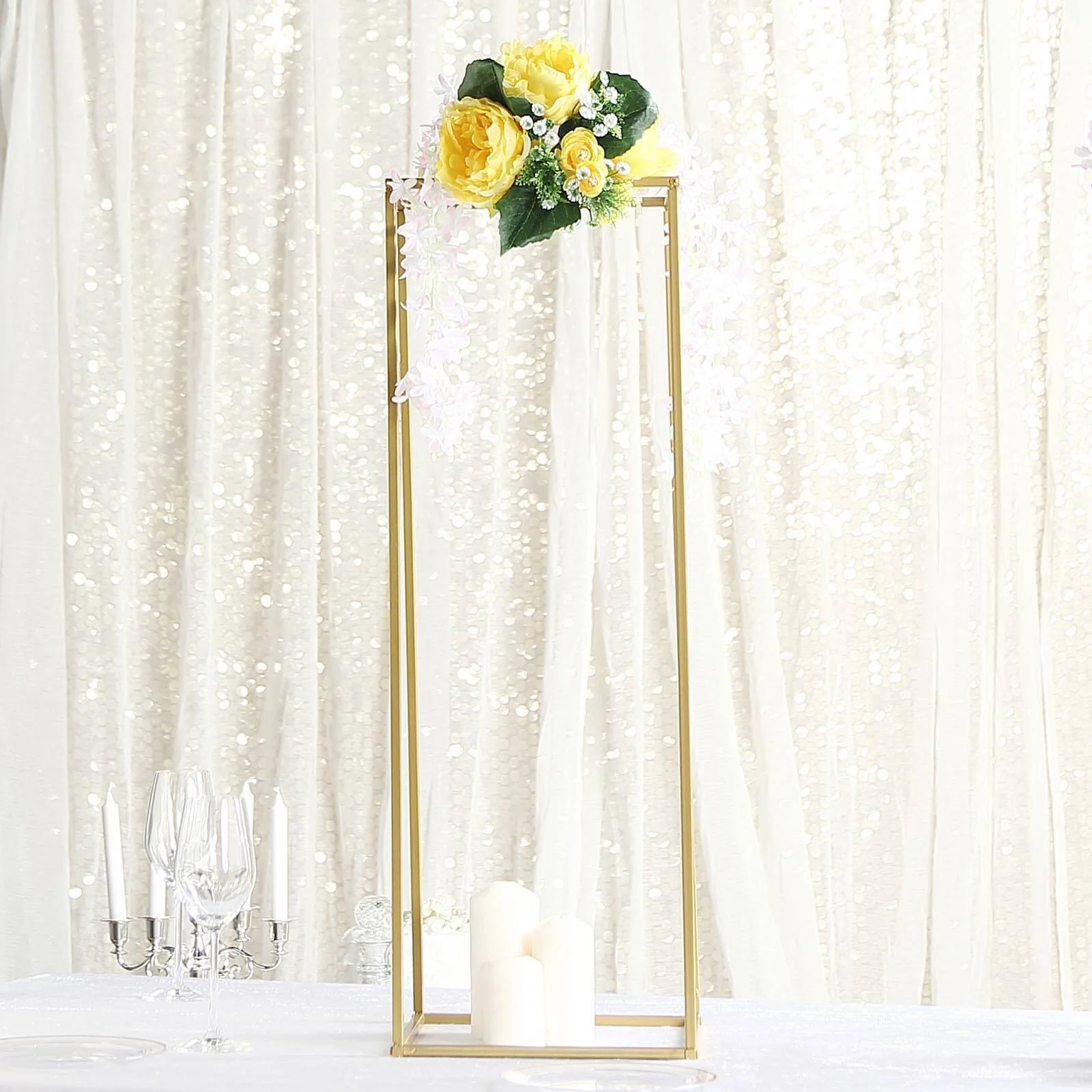 2-Pack Rectangular Gold Metal Wedding Flower Stand 32" Geometric Column Frame - Sleek Pedestal for Sophisticated Floral Arrangements - Image 6