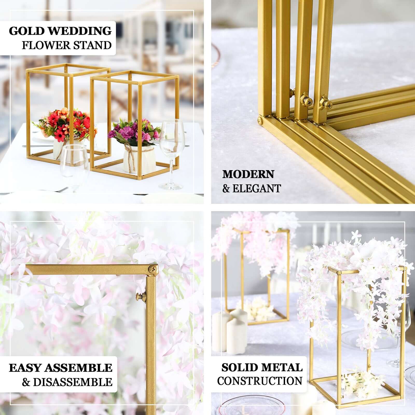 2-Pack Rectangular Gold Metal Wedding Flower Stand 48" Geometric Column Frame - Elevated Pedestal for Luxurious Event Centerpieces - Image 4