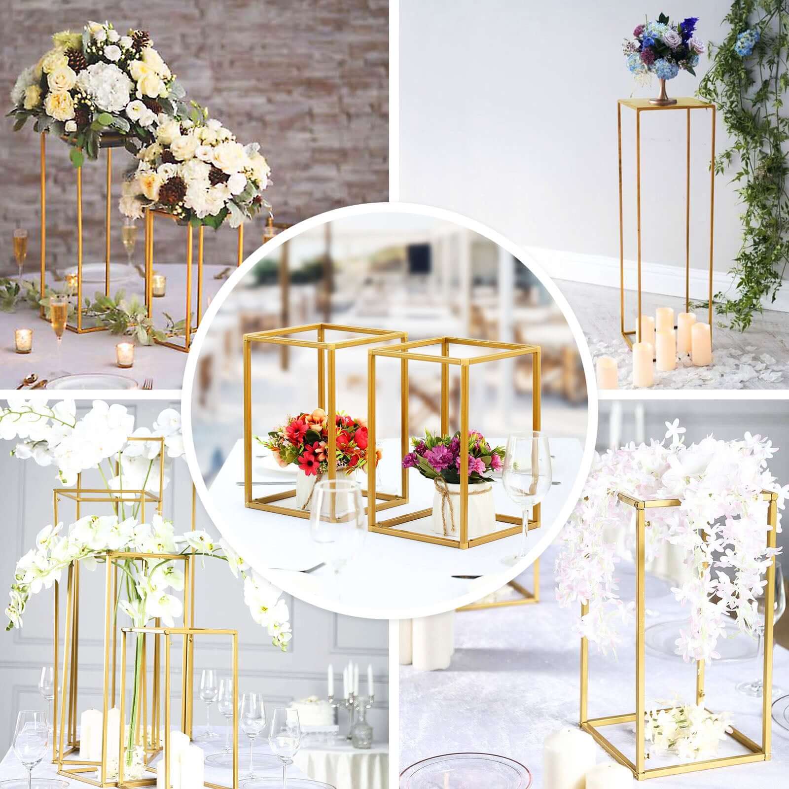 2-Pack Rectangular Gold Metal Wedding Flower Stand 48" Geometric Column Frame - Elevated Pedestal for Luxurious Event Centerpieces - Image 5