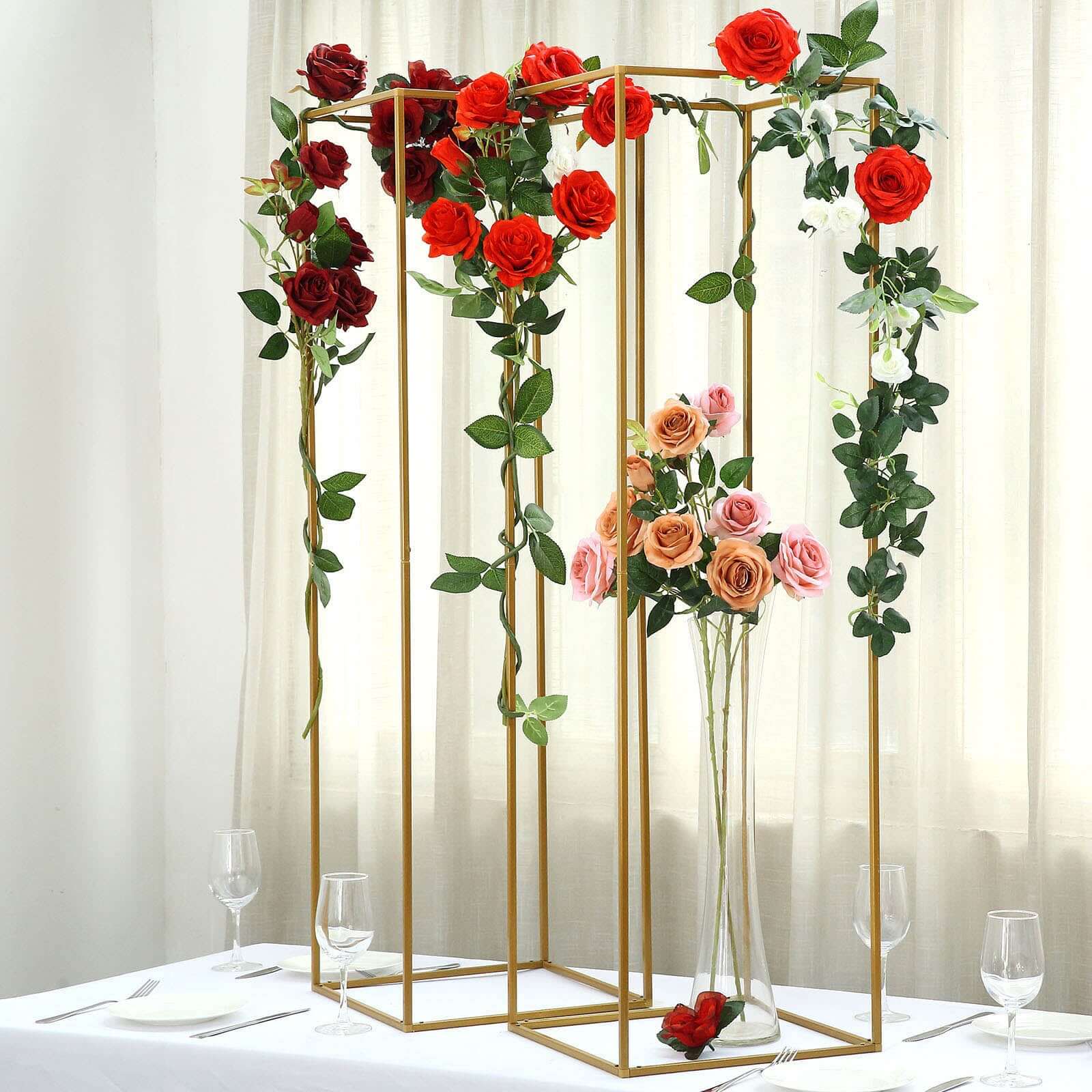 2-Pack Rectangular Gold Metal Wedding Flower Stand 48" Geometric Column Frame - Elevated Pedestal for Luxurious Event Centerpieces - Image 6