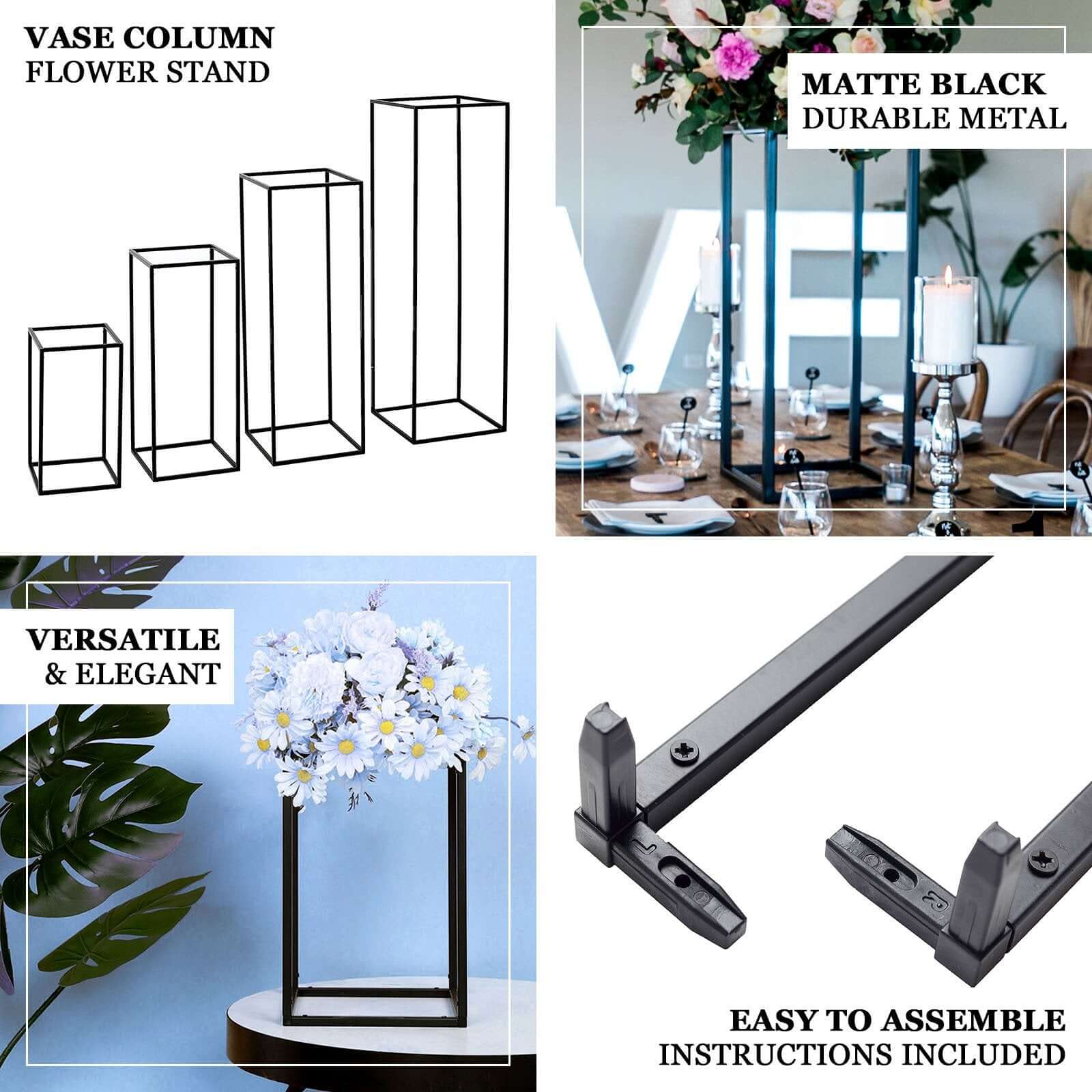 2-Pack Rectangular Matte Black Metal Wedding Flower Stand 12" Geometric Column Frame - Stylish Floral Display for Tablescapes - Image 4