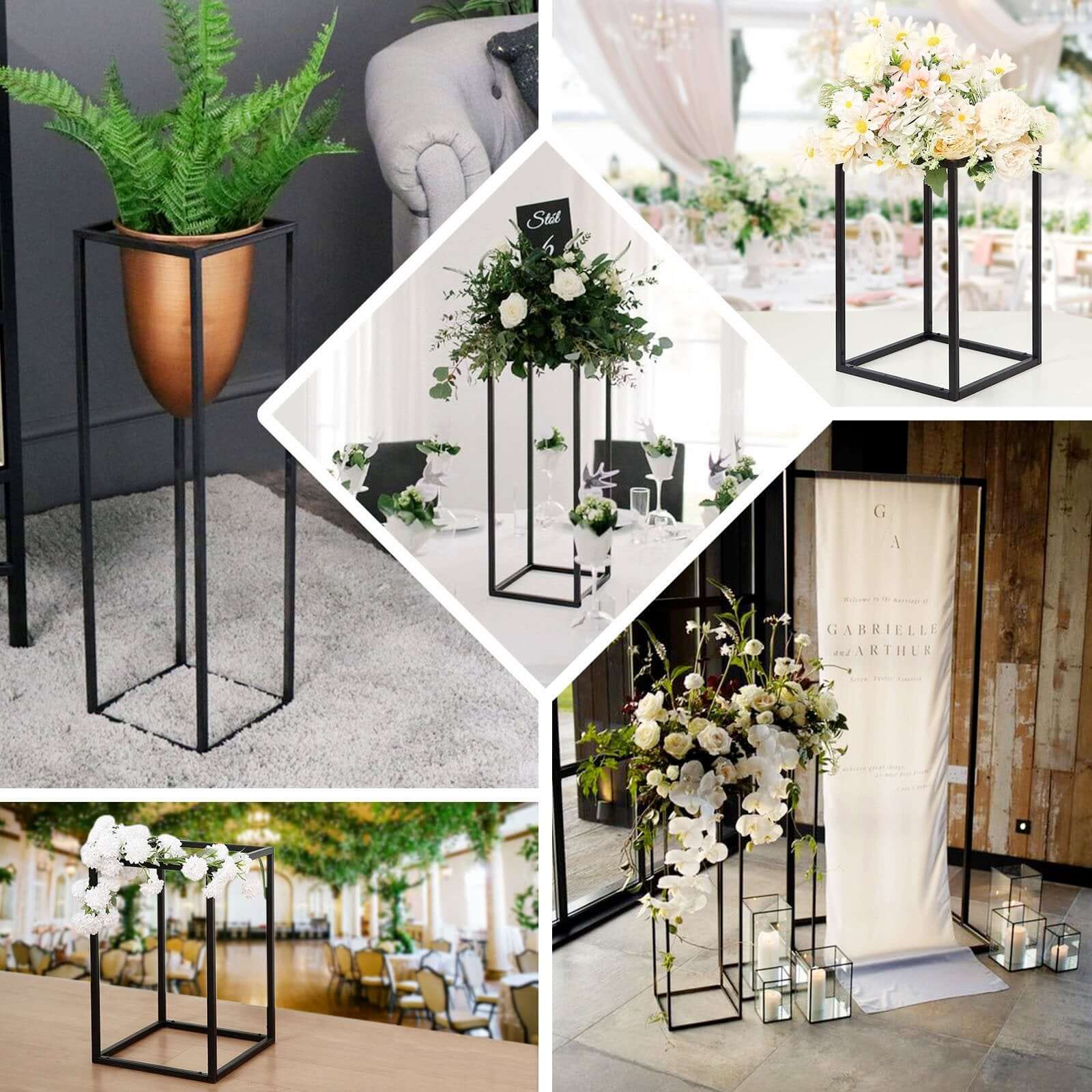 2-Pack Rectangular Matte Black Metal Wedding Flower Stand 12" Geometric Column Frame - Stylish Floral Display for Tablescapes - Image 5