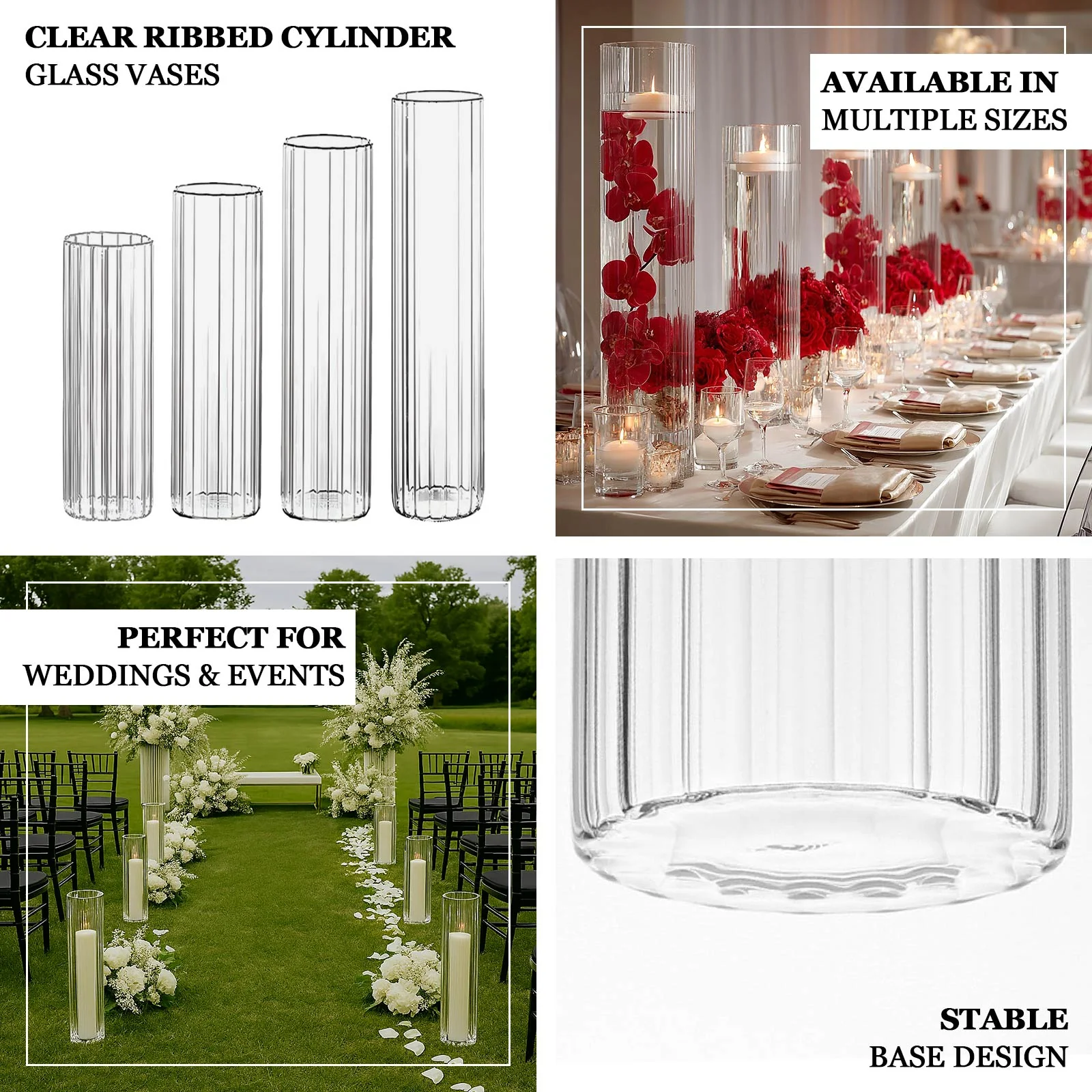 2 Pack Ribbed Cylinder Floor Vases – 32" Tall Clear Glass Vases for Event Aisles, Entryways & Wedding Decor - Image 5