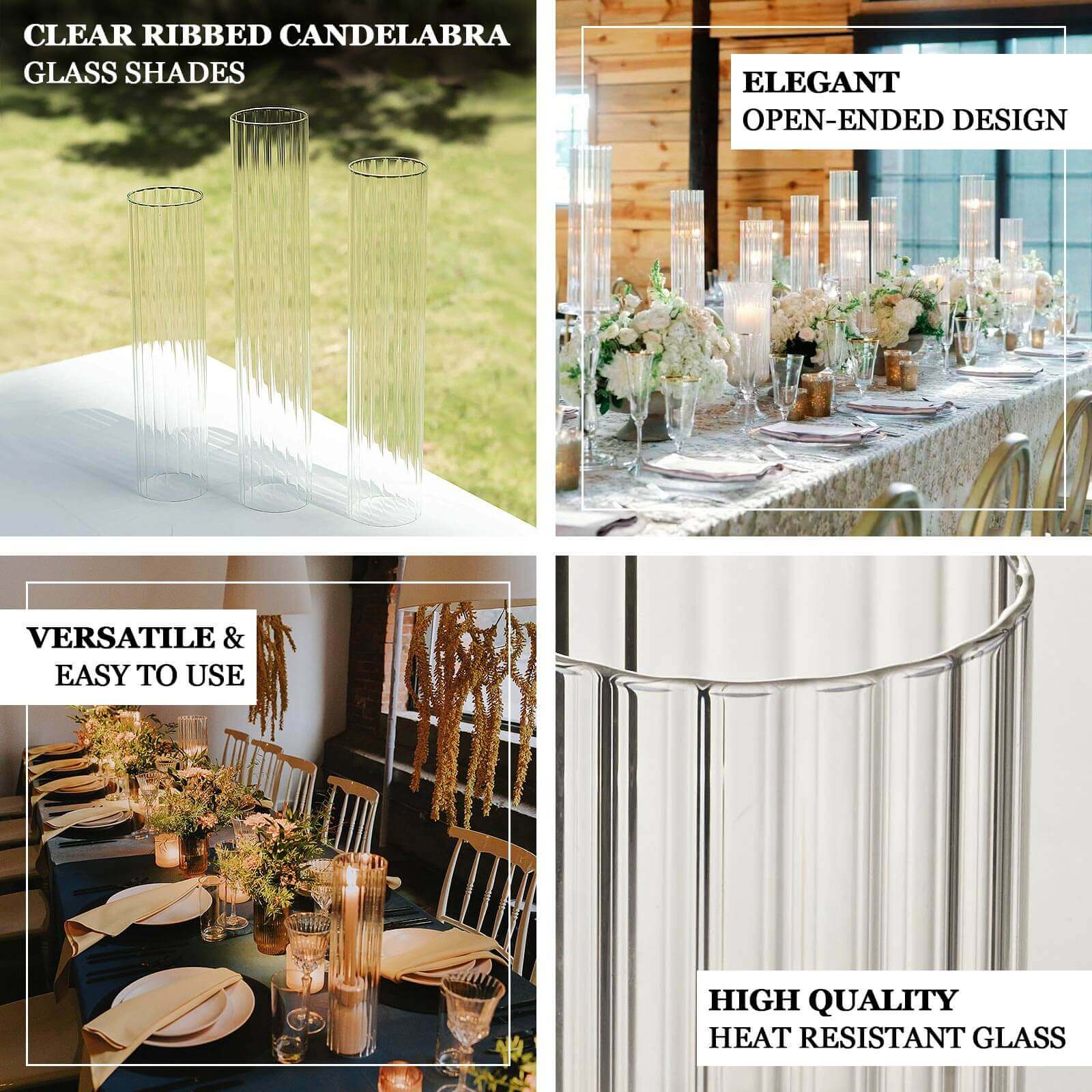 2-Pack Ribbed Glass Candelabra Shades Open End Hurricane Design 14" Clear - Sleek Table Centerpiece for Stylish Decor - Image 4