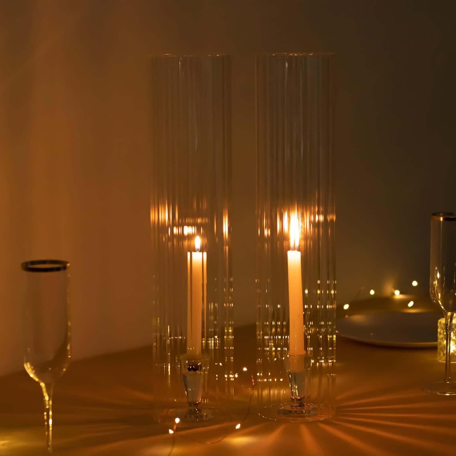 2-Pack Ribbed Glass Candelabra Shades Open End Hurricane Design 18" Clear - Sleek Table Centerpiece for Stylish Decor - Image 2