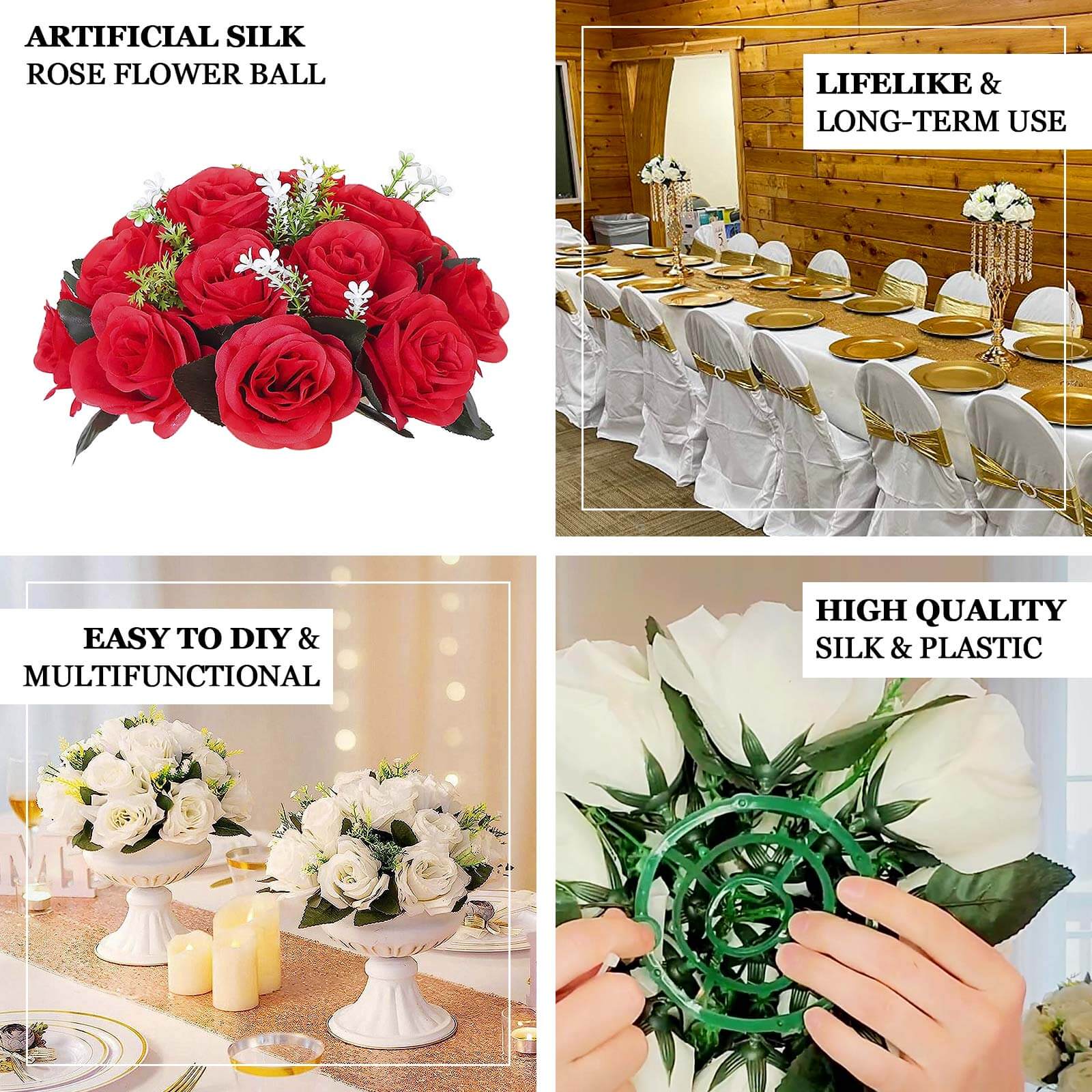 2 Pack Royal Blue Artificial Flower Ball Bouquets For Centerpieces, 15-Head Silk Rose Kissing Balls 10" - Image 4