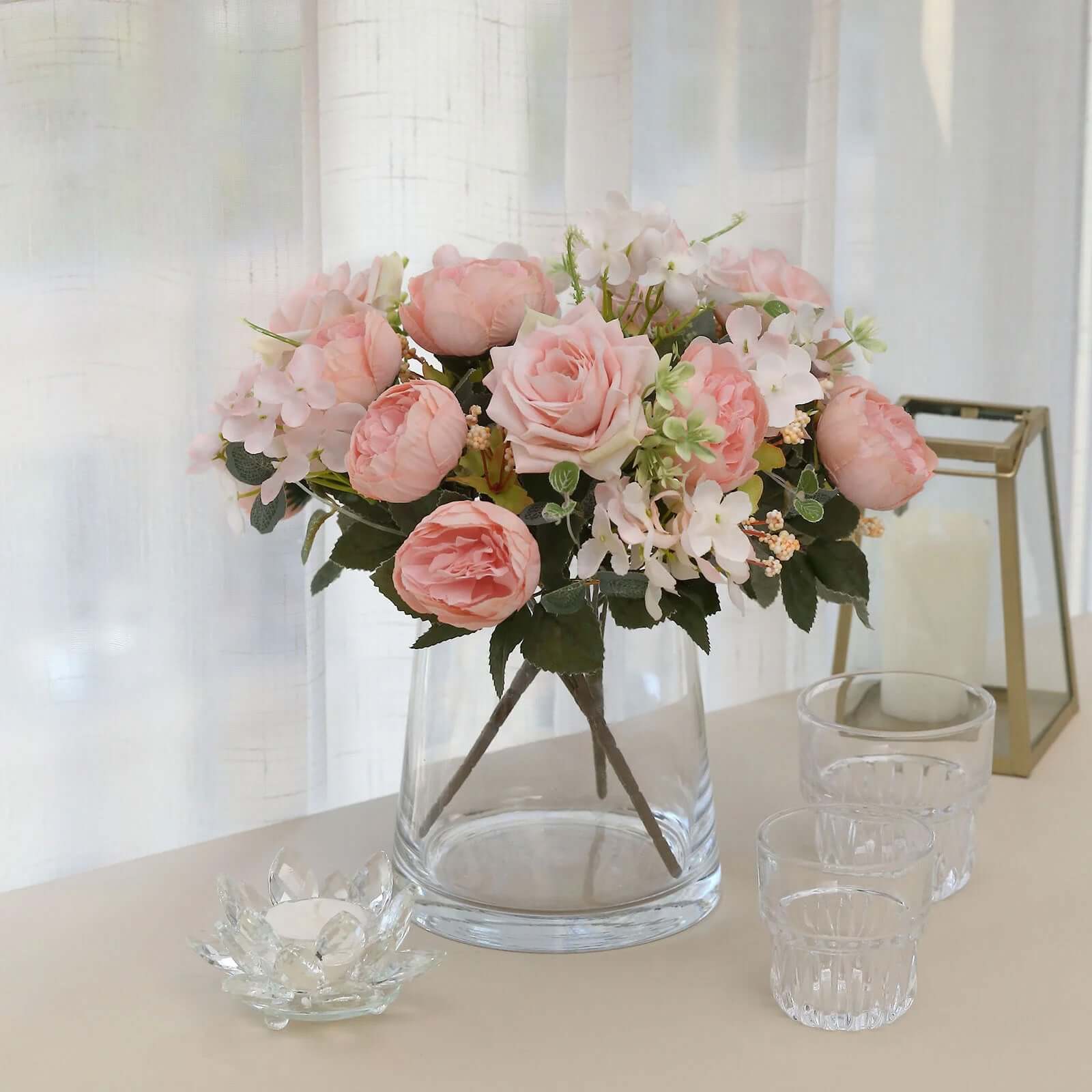 2 Pack Silk Rose Bouquets Mixed Peony & Hydrangea - 12" Blush Artificial Floral Arrangements - Image 2