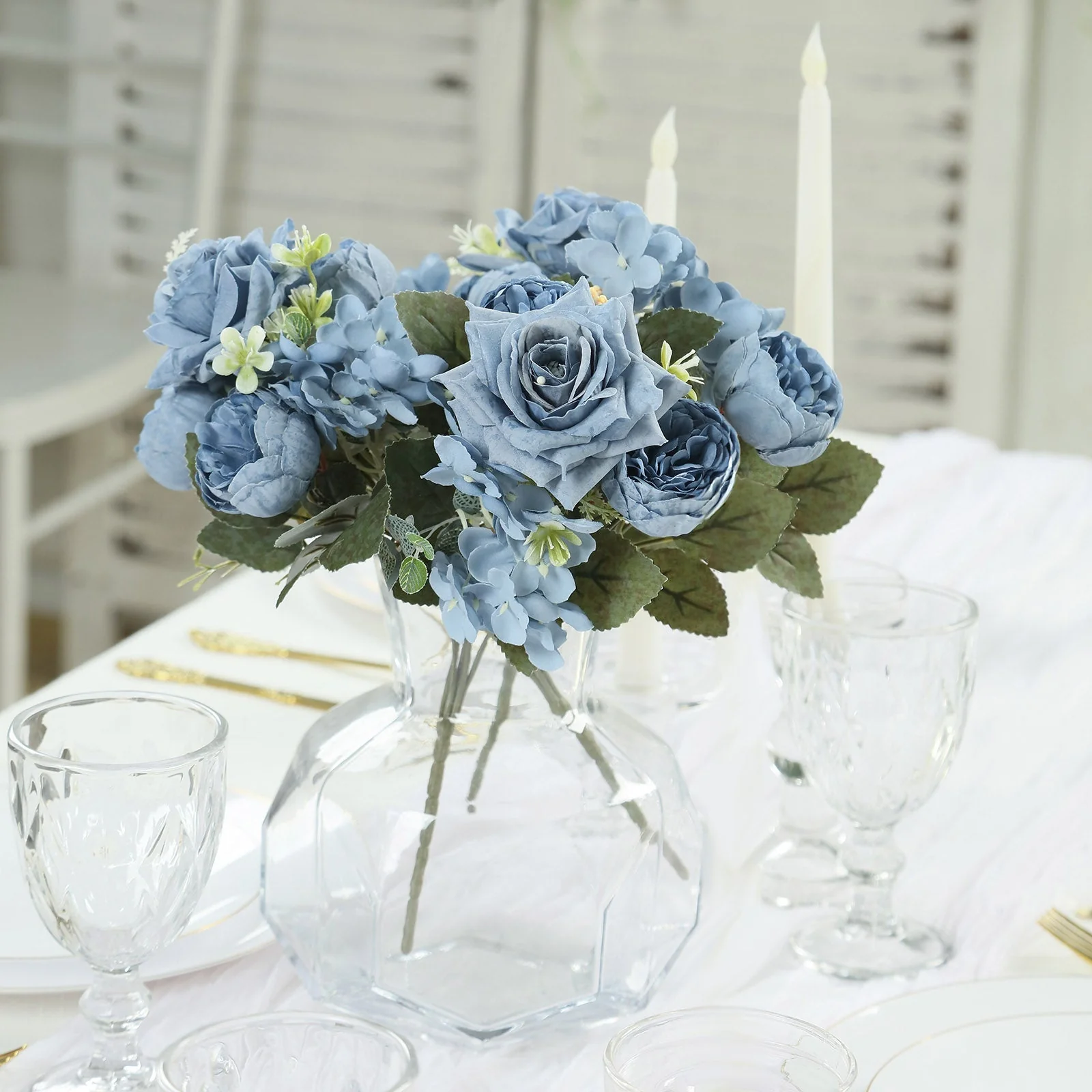 2 Pack Silk Rose Bouquets Mixed Peony & Hydrangea - 12" Dusty Blue Artificial Floral Arrangements - Image 8