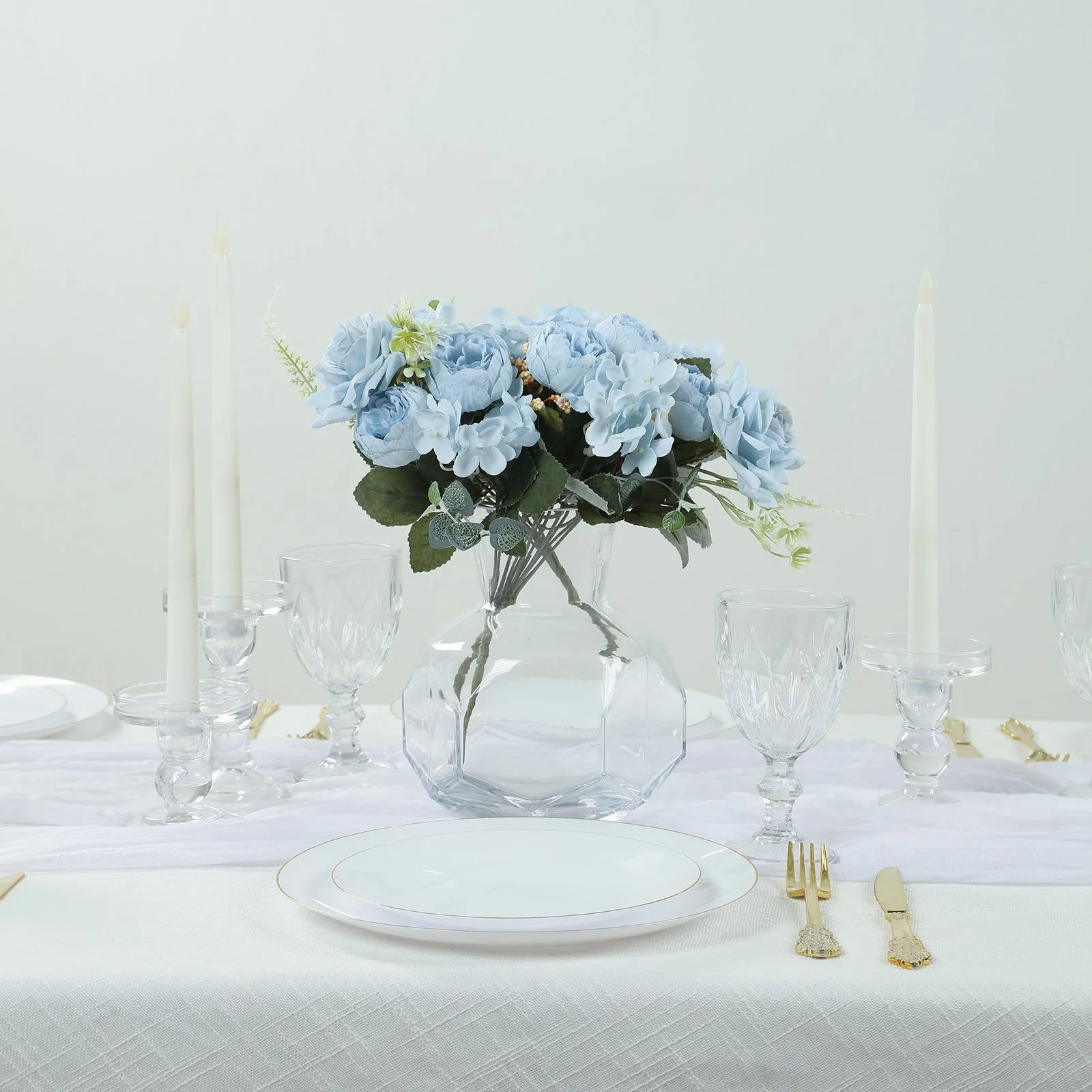 2 Pack Silk Rose Bouquets Mixed Peony & Hydrangea - 12" Light Blue Artificial Floral Arrangements