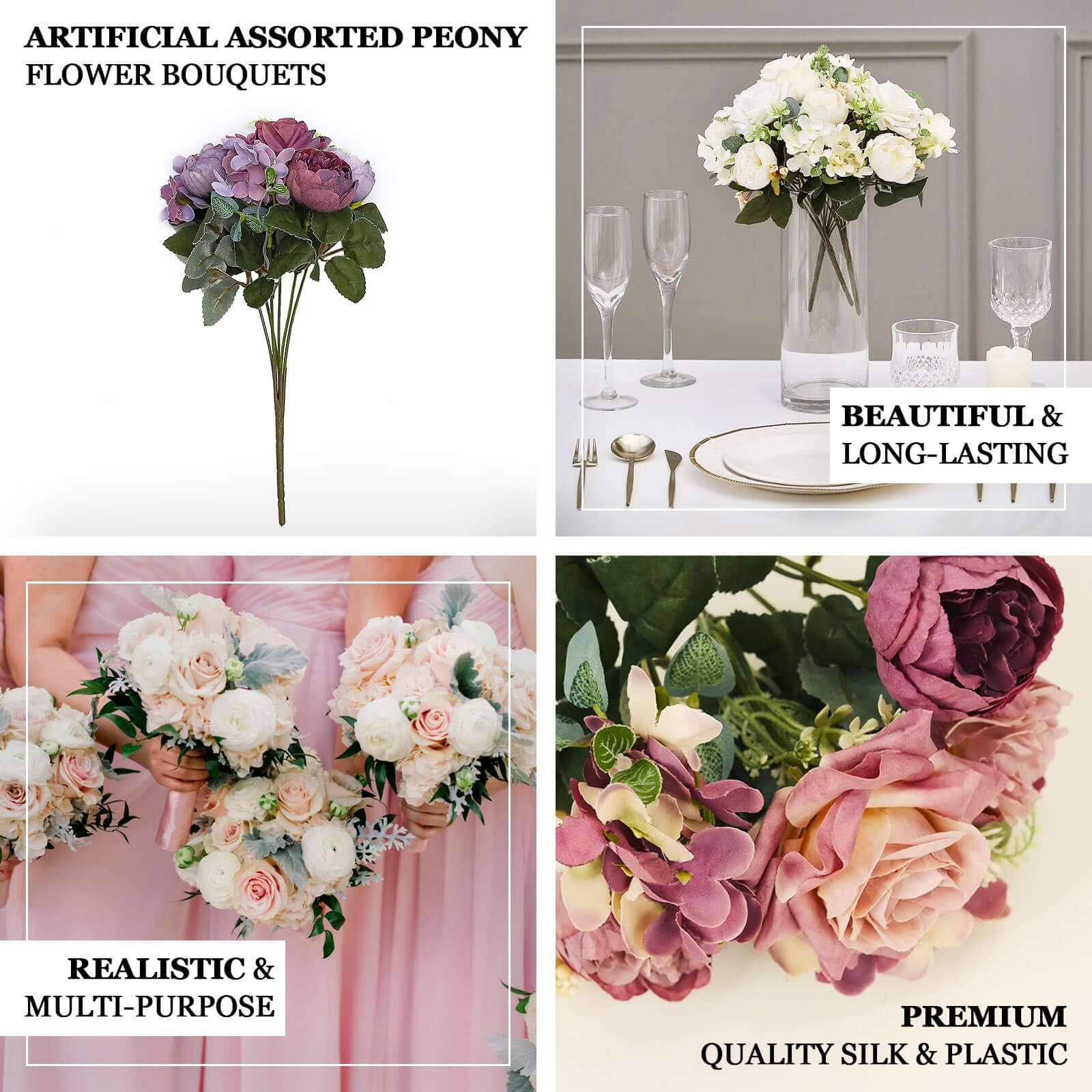 2 Pack Silk Rose Bouquets Mixed Peony & Hydrangea - 12" Purple Artificial Floral Arrangements - Image 4