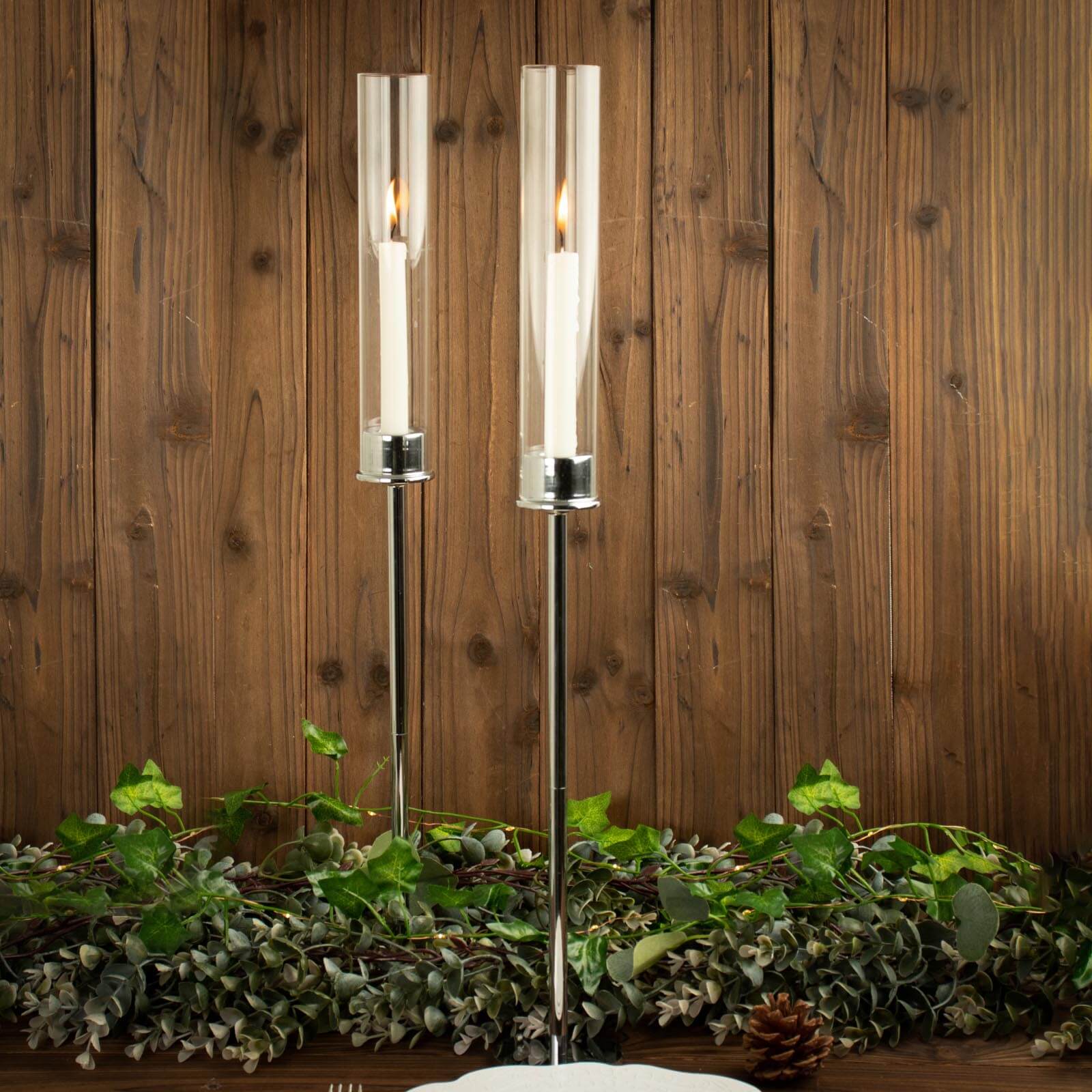 2-Pack Silver Metal Taper Candlestick Holders 24" - Clear Glass Hurricane Candle Stands With Chimney Candle Shades