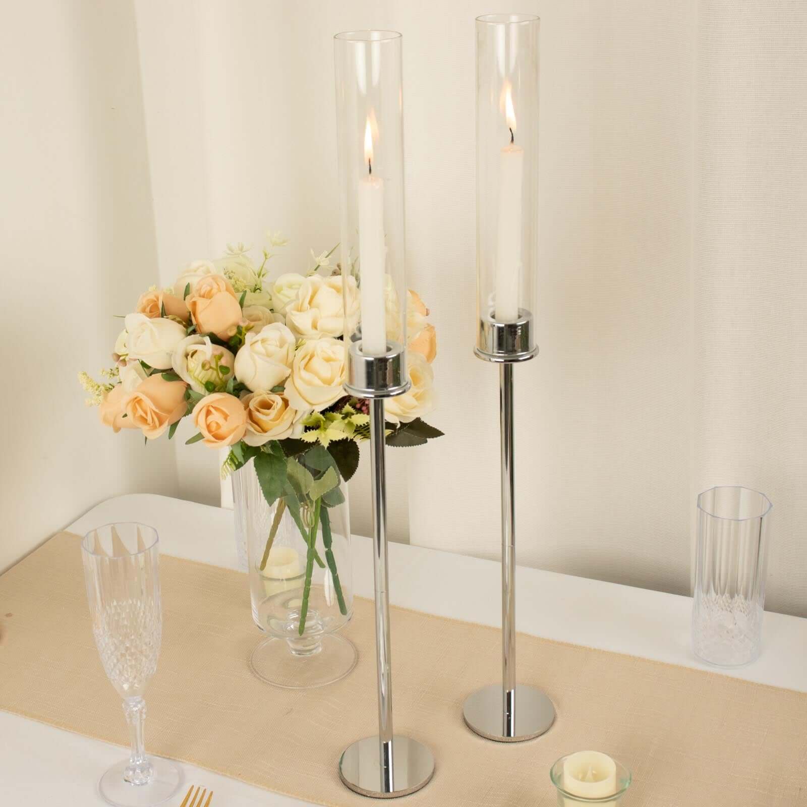 2-Pack Silver Metal Taper Candlestick Holders 24" - Clear Glass Hurricane Candle Stands With Chimney Candle Shades - Image 10