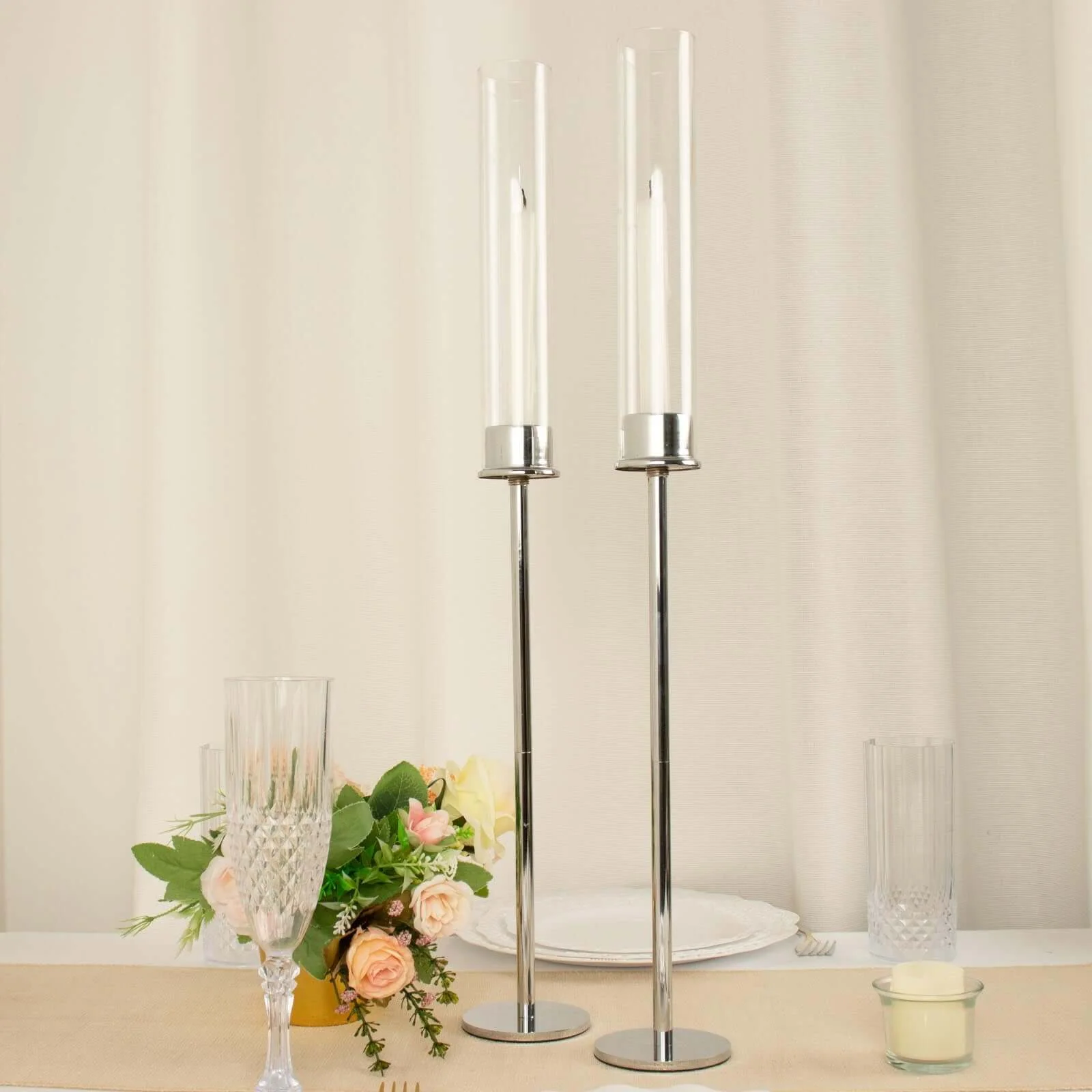 2-Pack Silver Metal Taper Candlestick Holders 24" - Clear Glass Hurricane Candle Stands With Chimney Candle Shades - Image 5